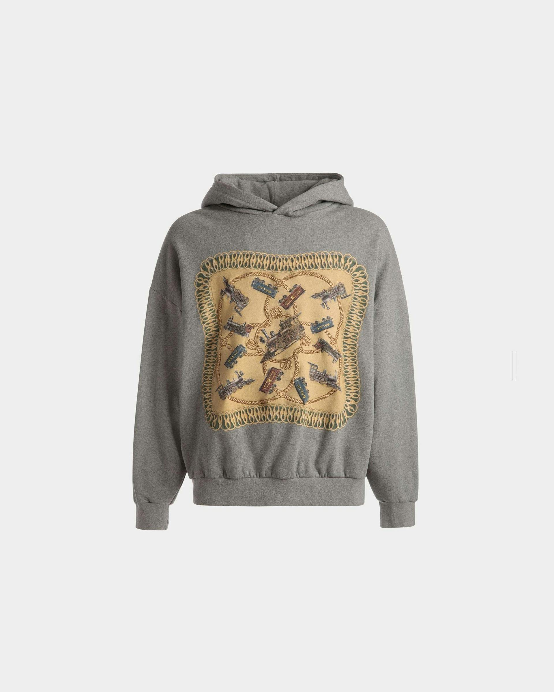 Train Print Hooded Sweatshirt In Gray Melange Cotton - Men's - Bally - 01