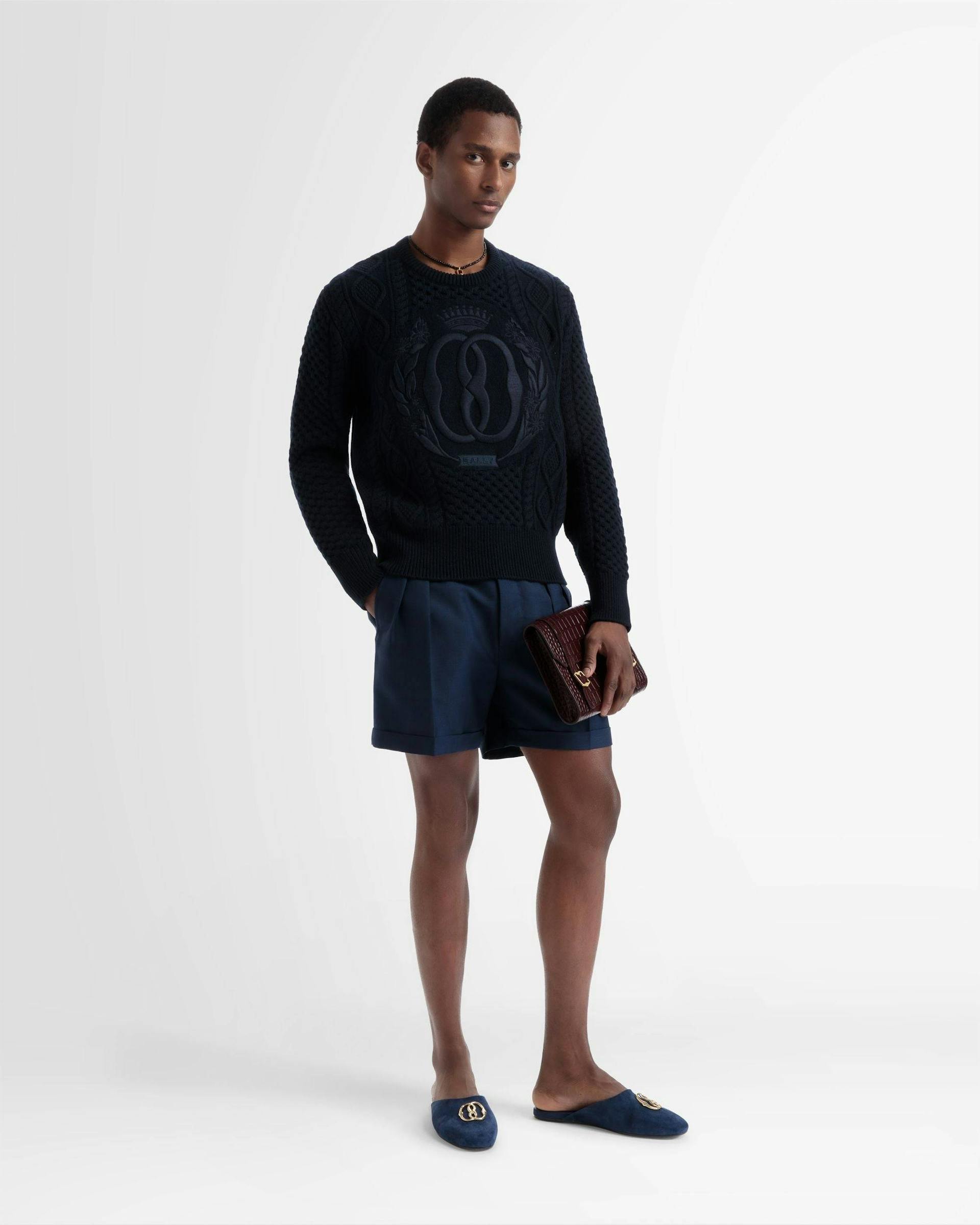 Knitted Crew Neck In Navy Wool - Men's - Bally - 02