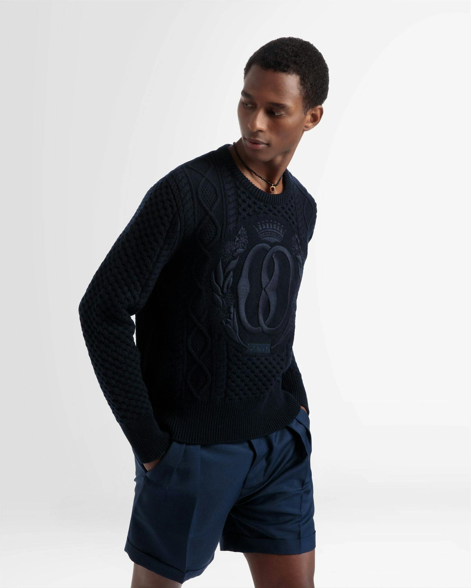 Knitted Crew Neck In Navy Wool - Men's - Bally - 03