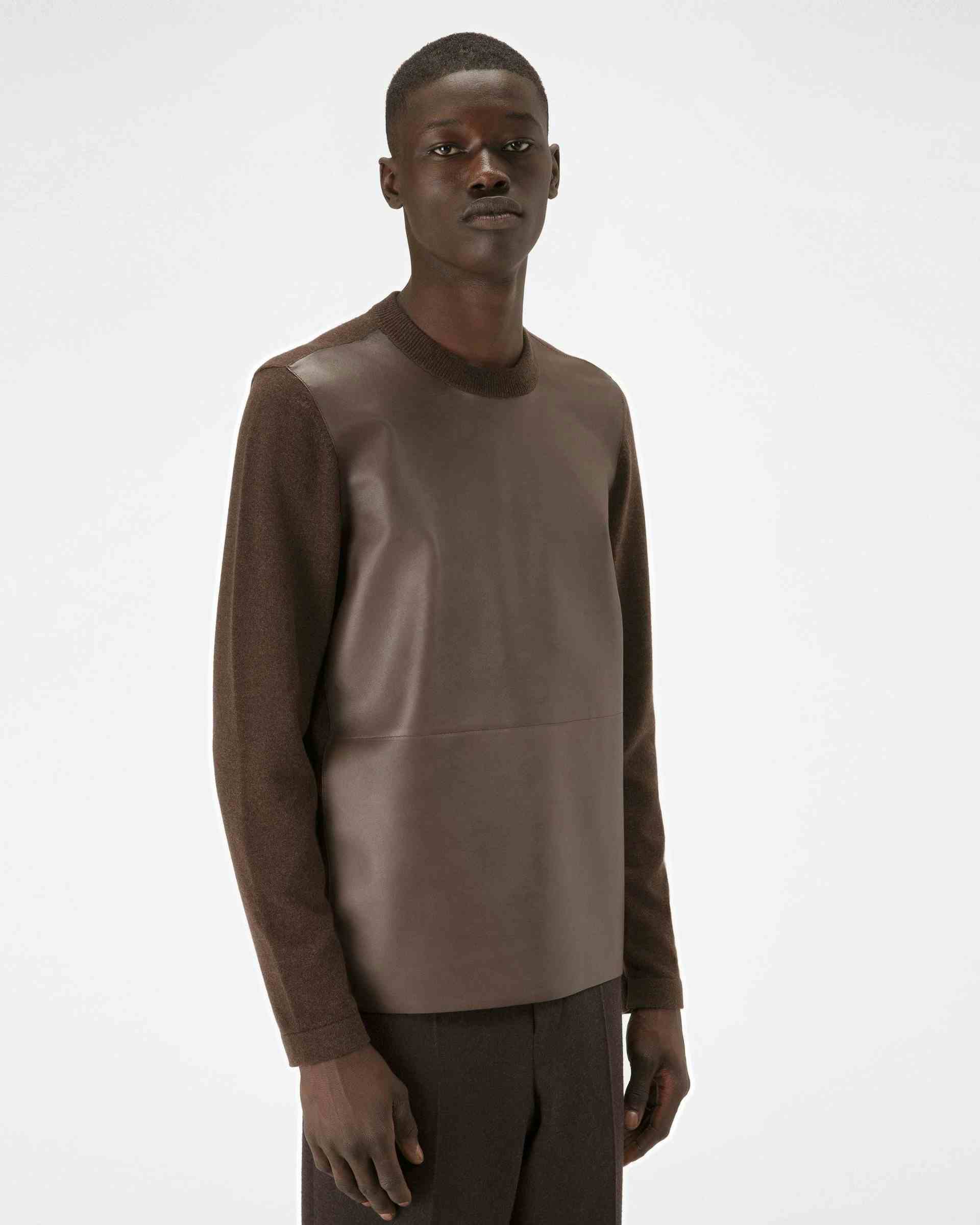 Cashmere And Leather Crew Neck In Ebony Brown - Men's - Bally