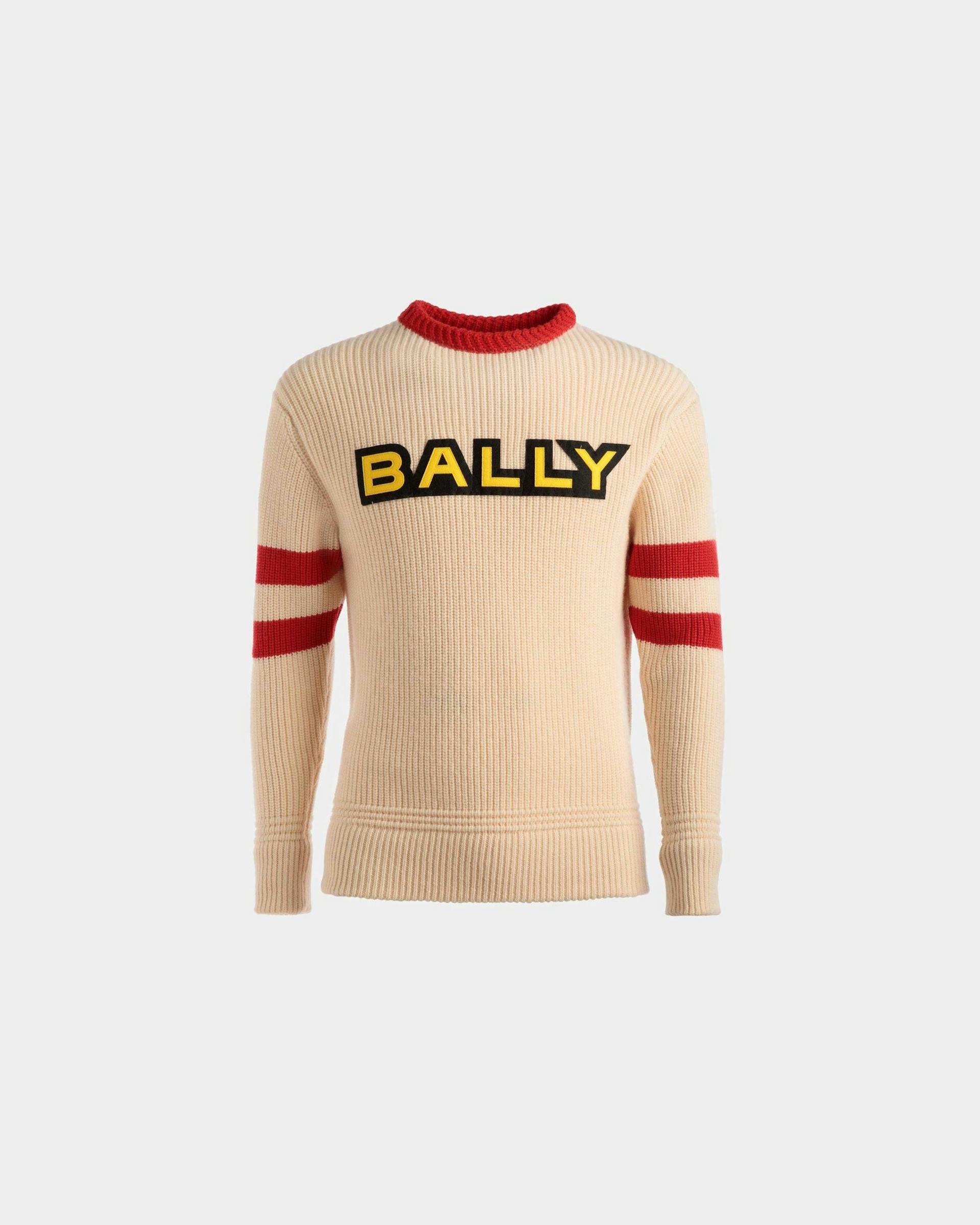 Crew Neck Sweater In Bone and Red Wool - Men's - Bally - 01