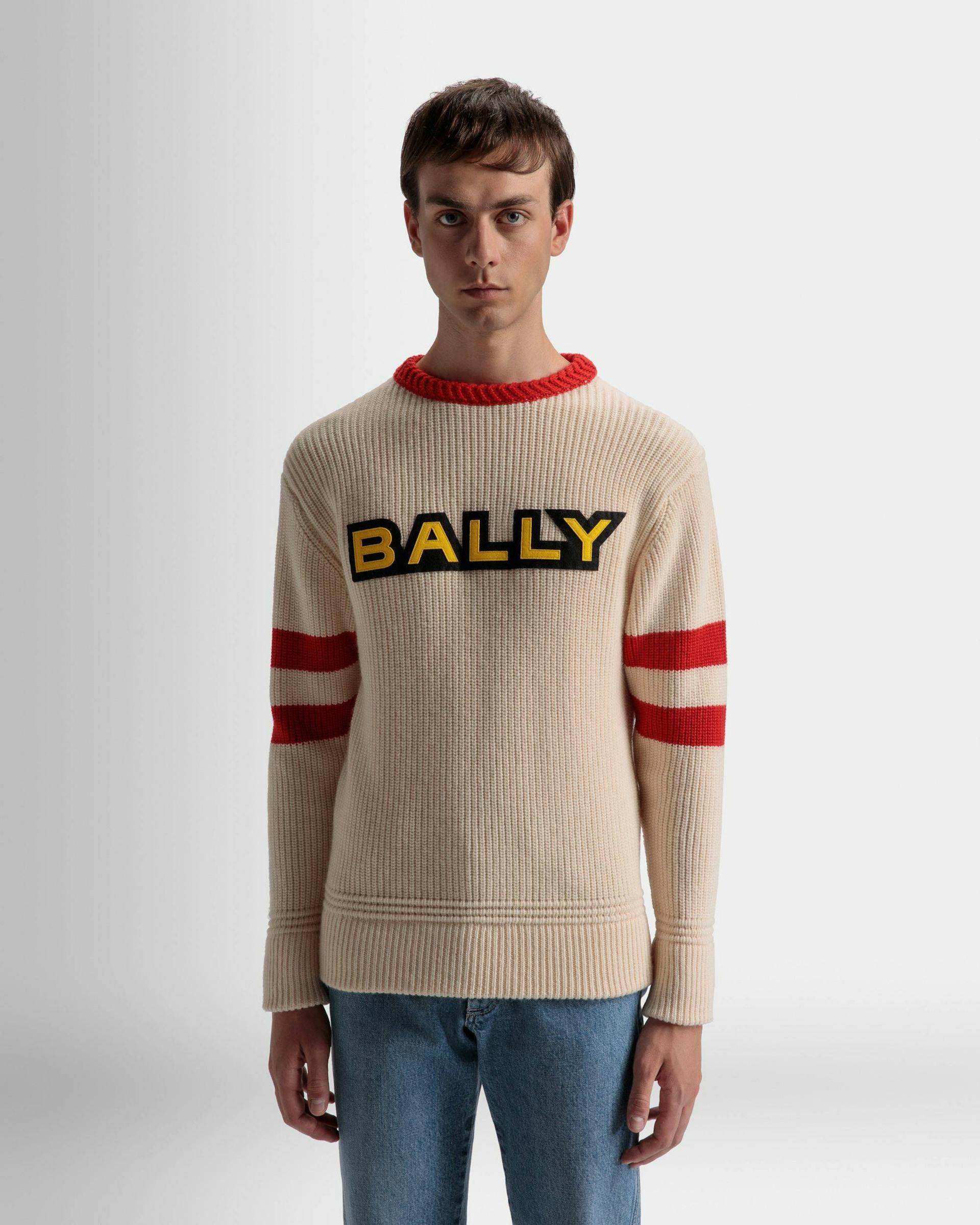 Crew Neck Sweater In Bone and Red Wool - Men's - Bally - 03