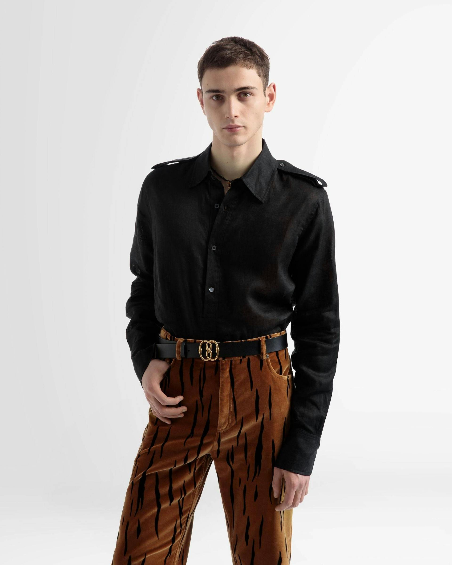 Half Button Shirt In Black Linen - Men's - Bally - 02