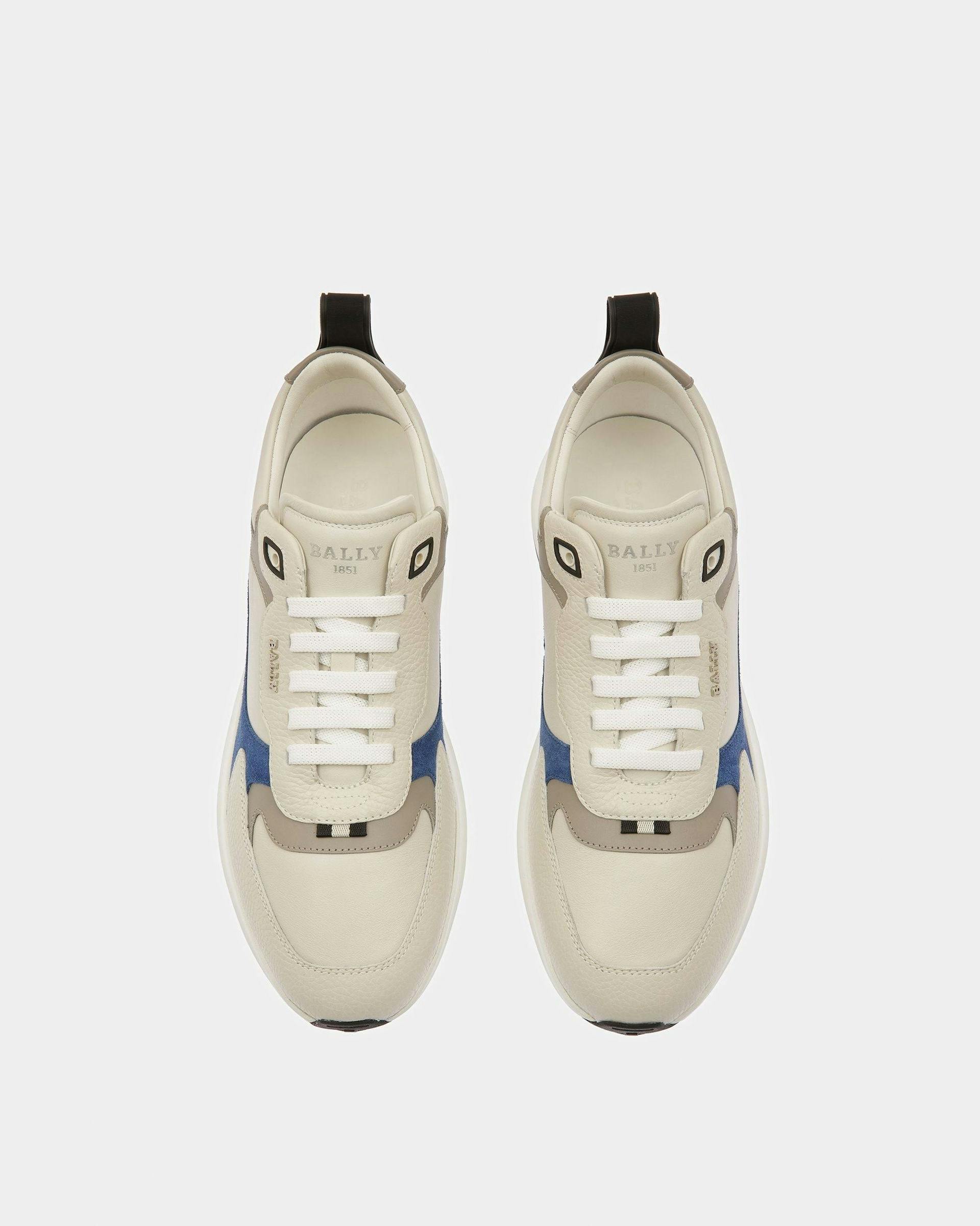 Dave Leather And Fabric Sneakers In Dusty White And Blue Neon - Men's - Bally - 02