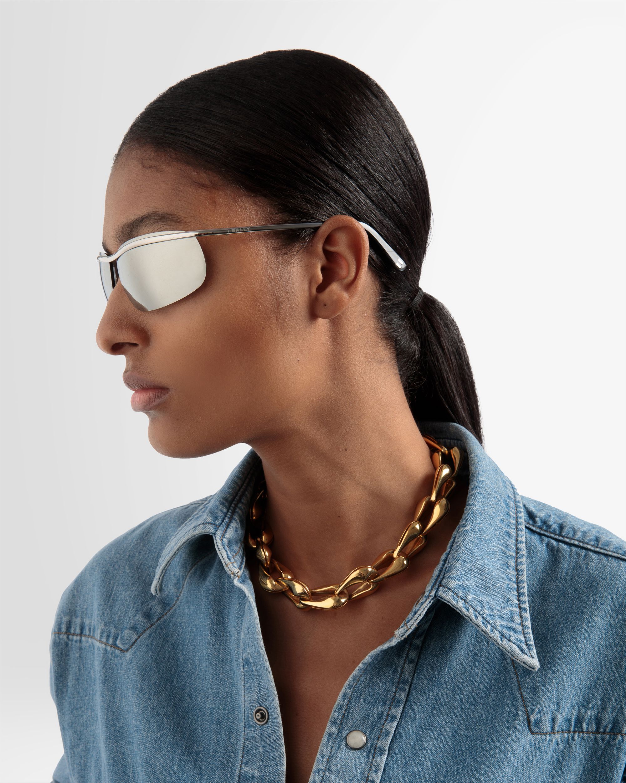 Shark Rimless Sunglasses In Shiny Palladium Metal & Mirrored Silver - Other - Bally - 02