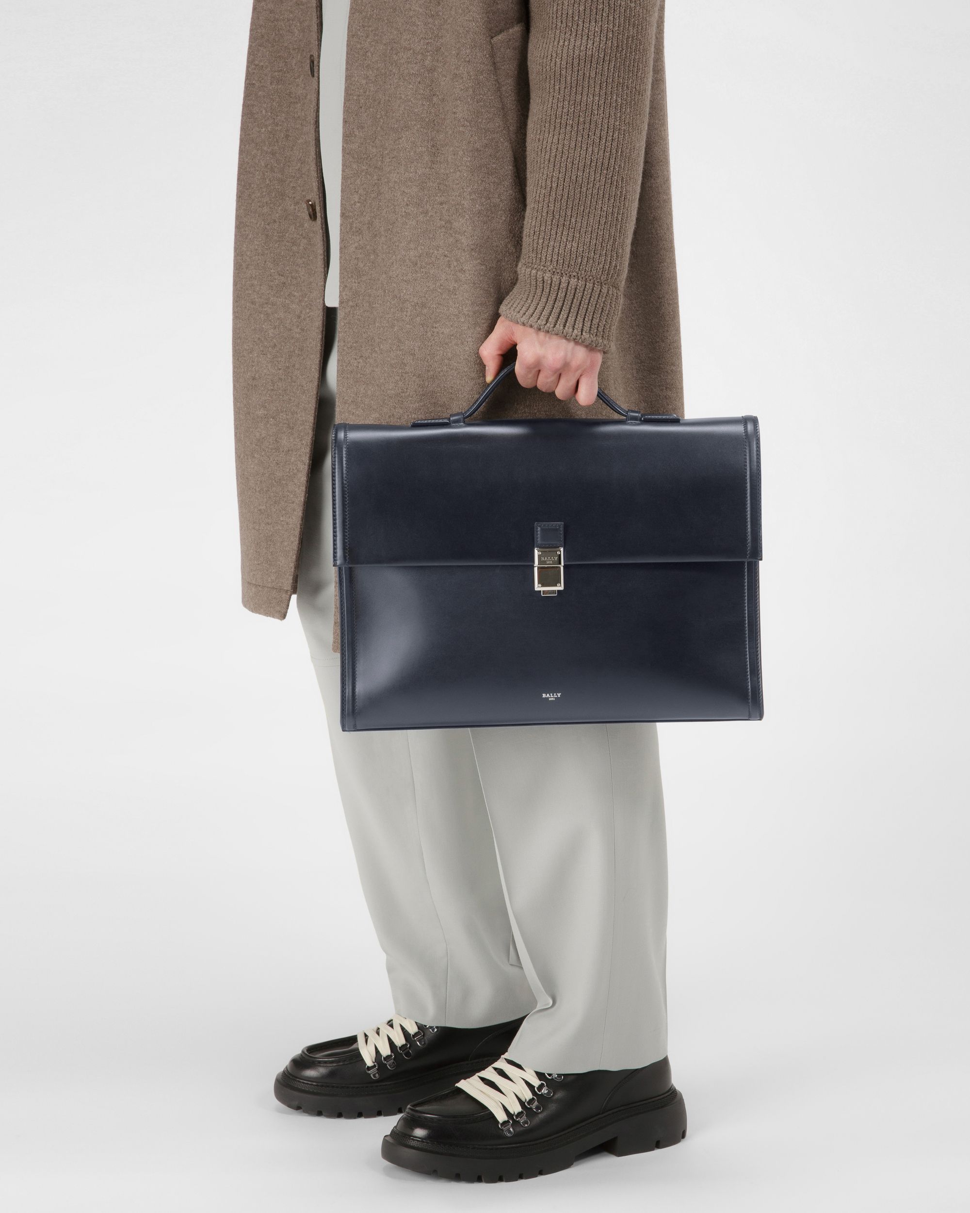 Soroh Leather Briefcase In Navy Leather - Men's - Bally - 02