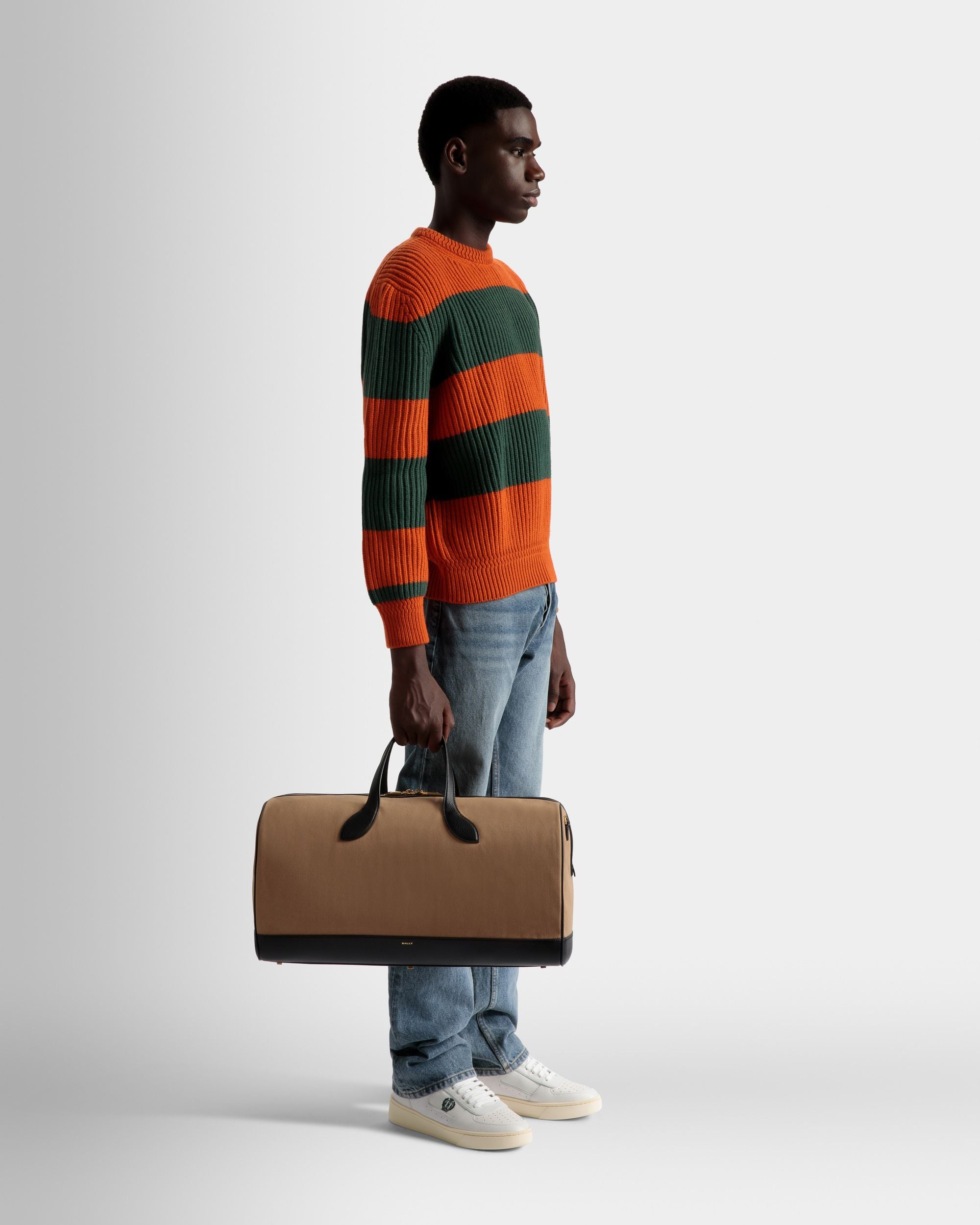 Bar Weekender In Sand And Black Fabric And Leather - Men's - Bally - 02