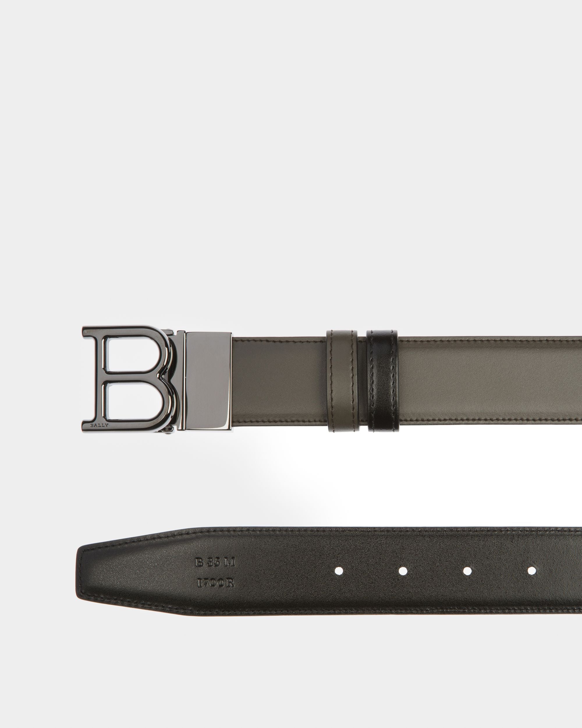 B Leather 35Mm Belt In Army Green & Black - Men's - Bally - 02