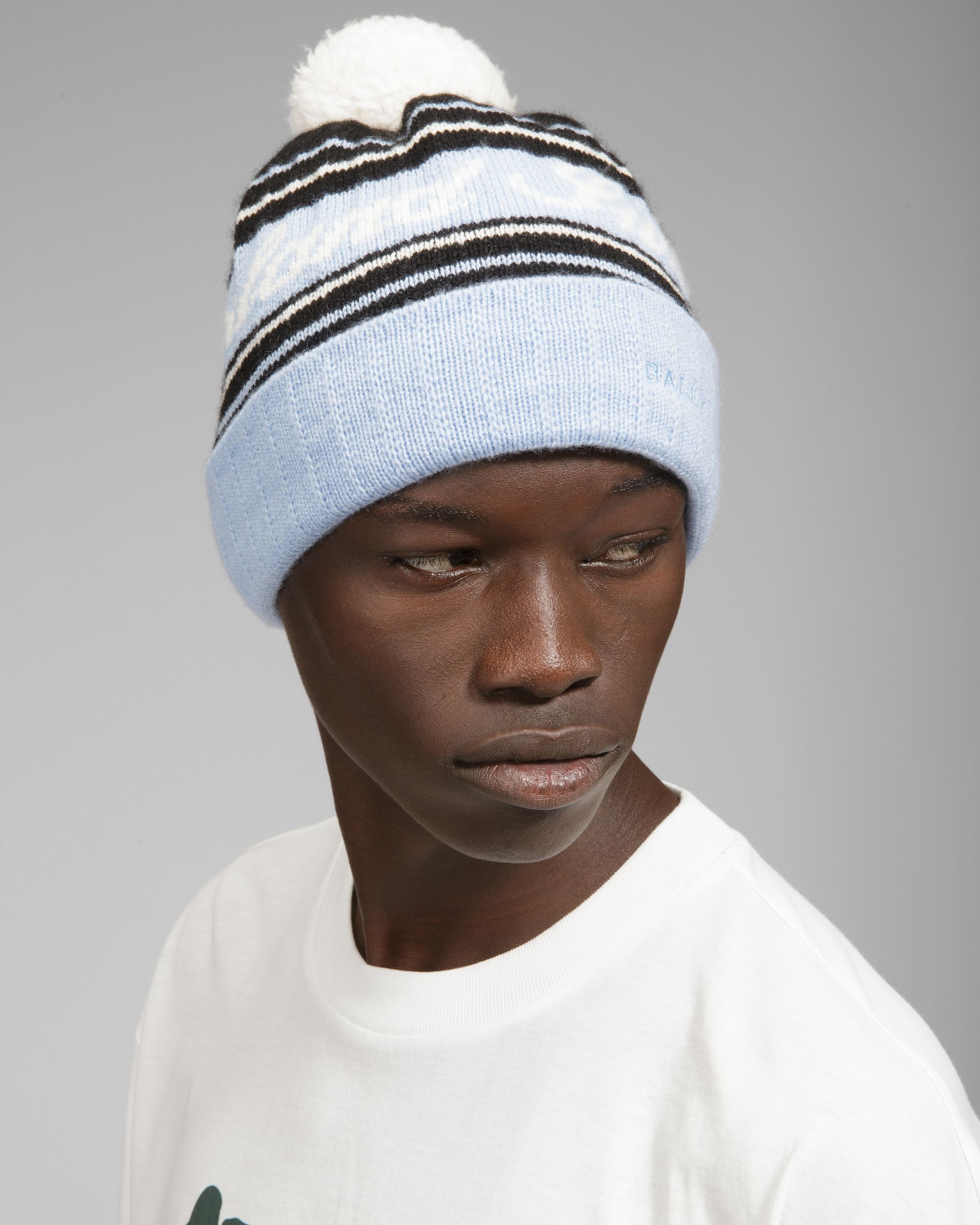 Wool Jacquard Hat In Light Blue & Black - Men's - Bally - 05