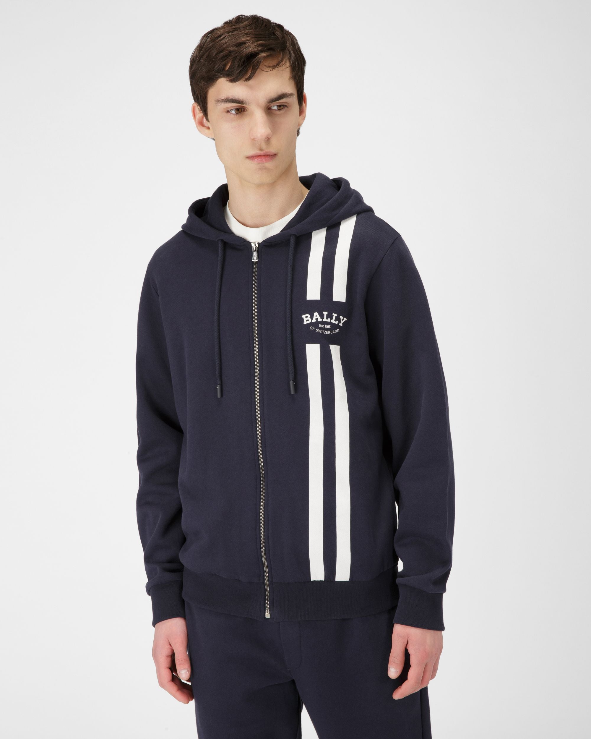 Bally Stripe Hoodie Cotton Sweatshirt In Navy - Men's - Bally - 02