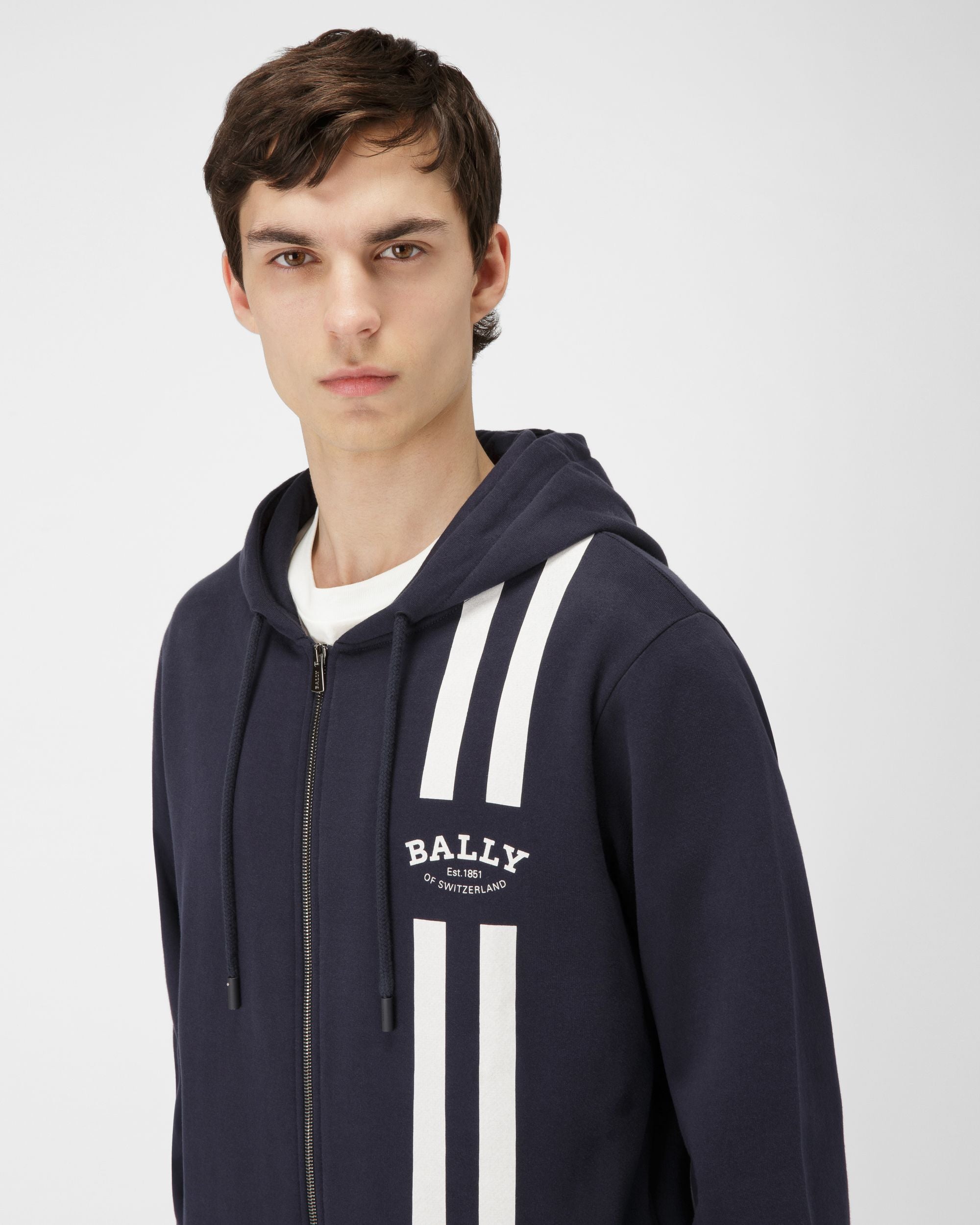 Bally Stripe Hoodie Cotton Sweatshirt In Navy - Men's - Bally - 04