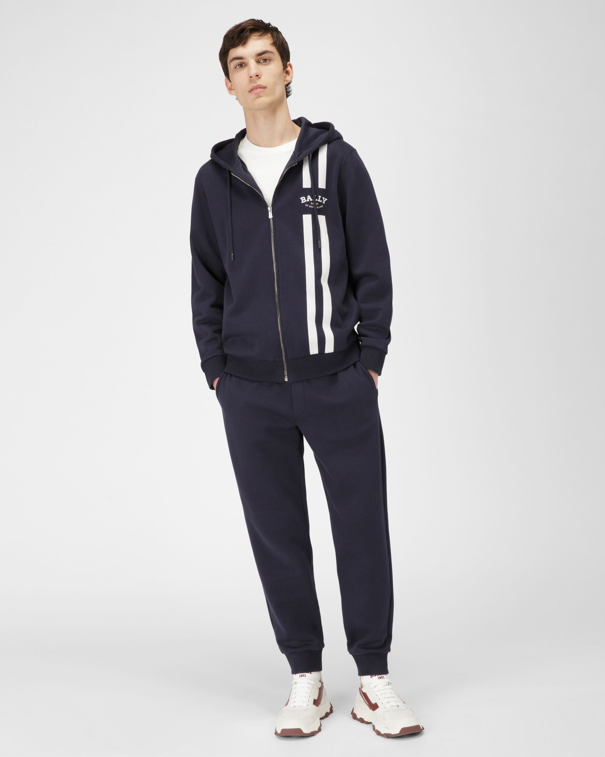 Bally Stripe Hoodie Cotton Sweatshirt In Navy - Men's - Bally - 05