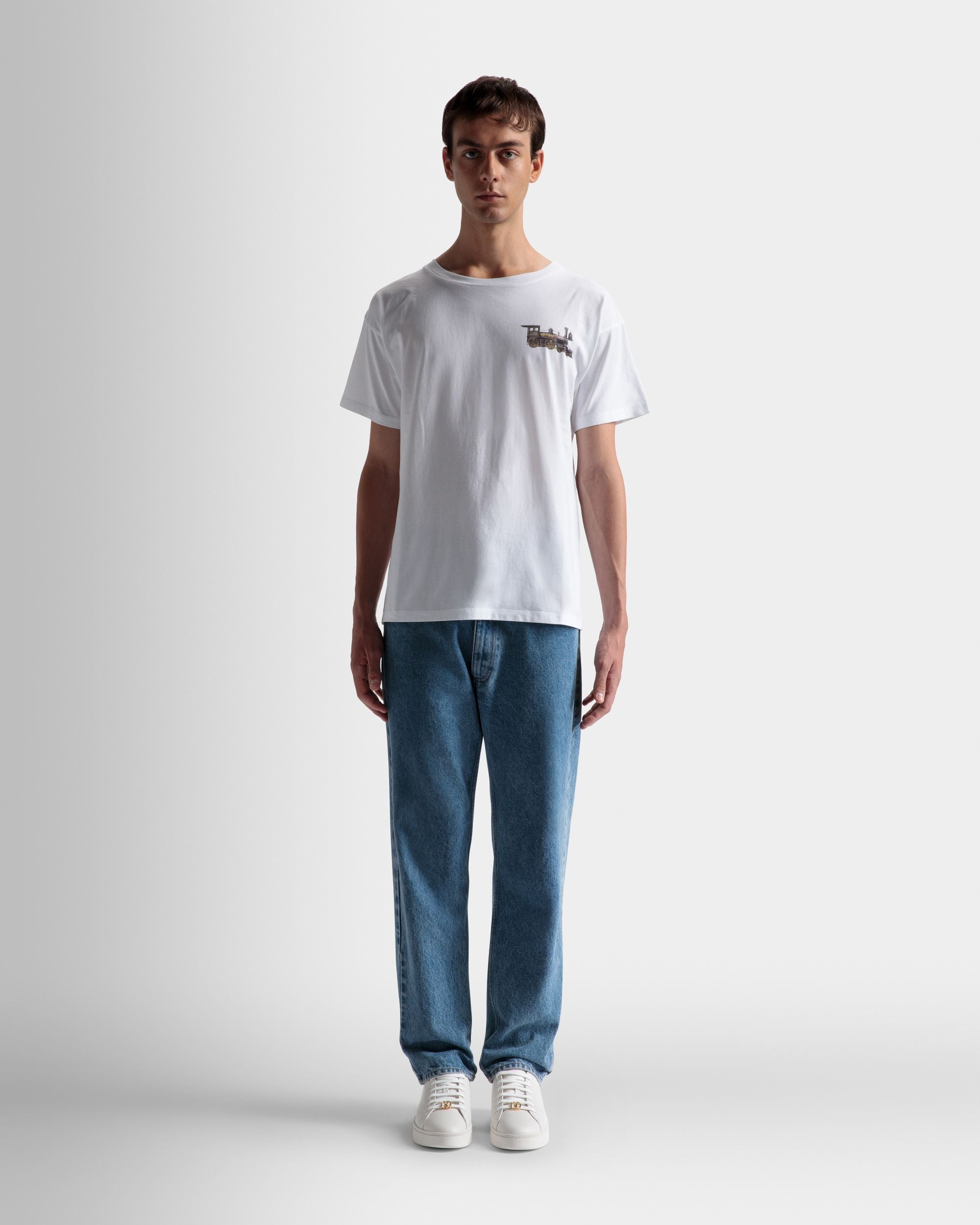 Train Motif T-Shirt In White Cotton - Men's - Bally - 02