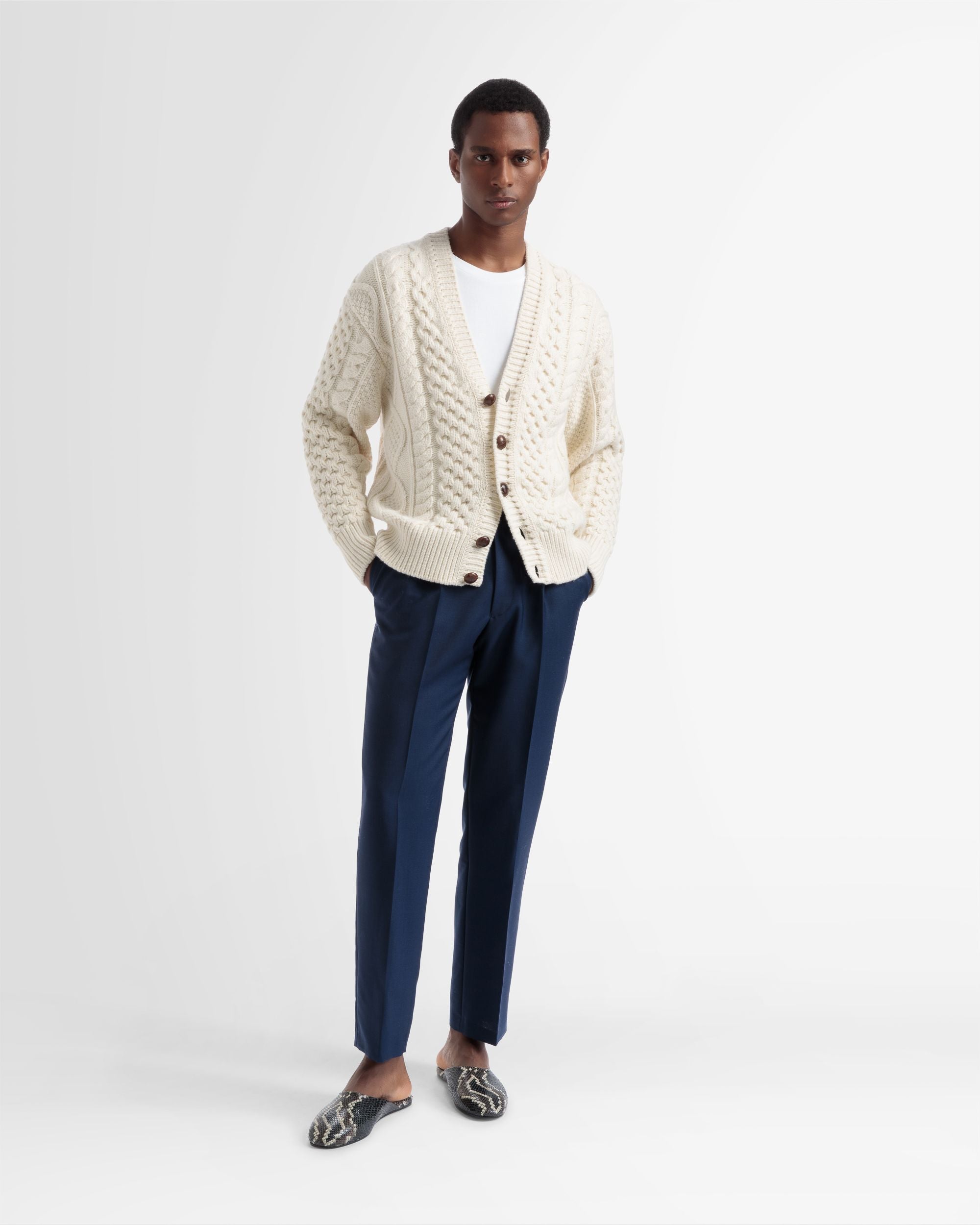 Knitted V-Neck Cardigan In Bone - Men's - Bally - 02