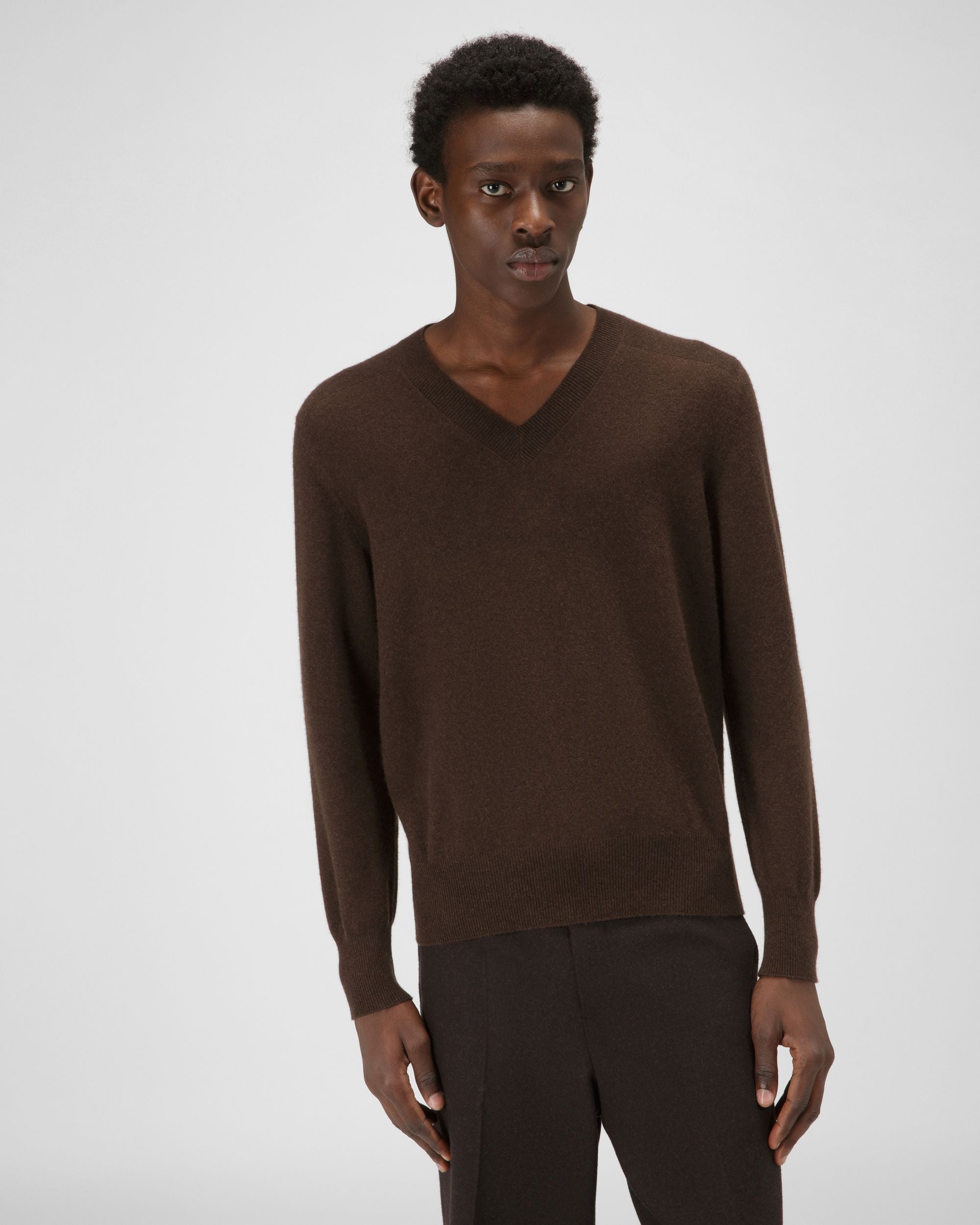 Cashmere V-Neck In Ebony Brown - Men's - Bally - 01