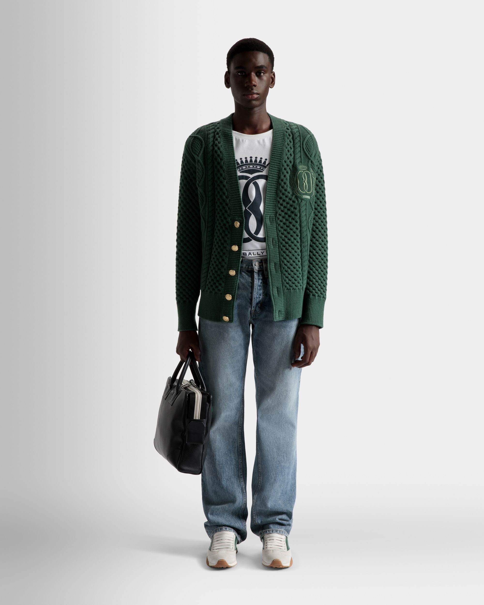 Cable Knit V-Neck Cardigan In Kelly Green Wool - Men's - Bally - 02