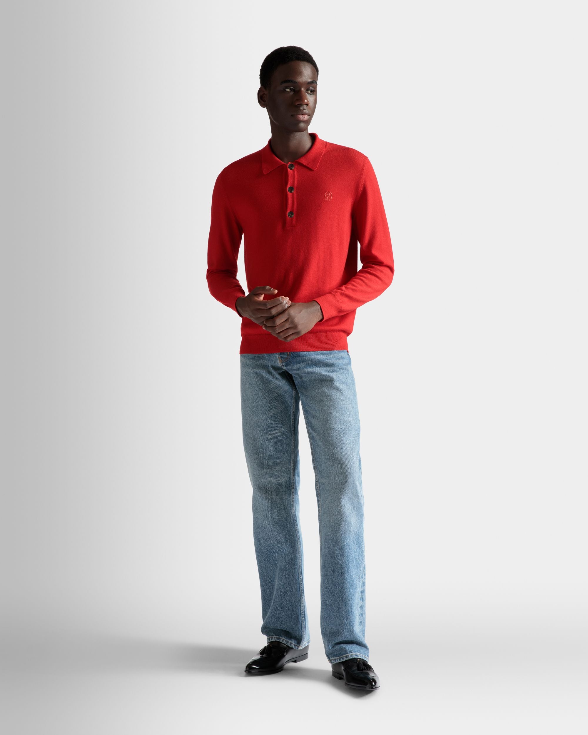 Long Sleeve Polo In Deep Ruby Wool - Men's - Bally - 02