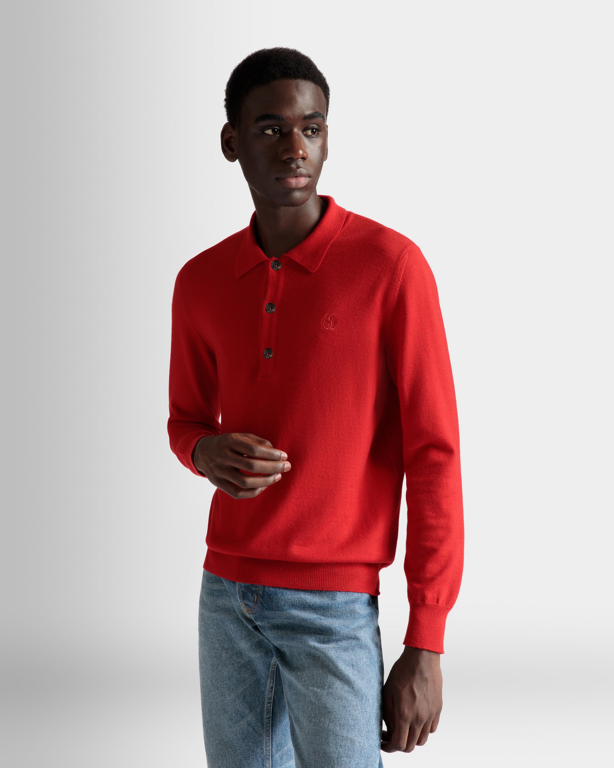 Long Sleeve Polo In Deep Ruby Wool - Men's - Bally - 03