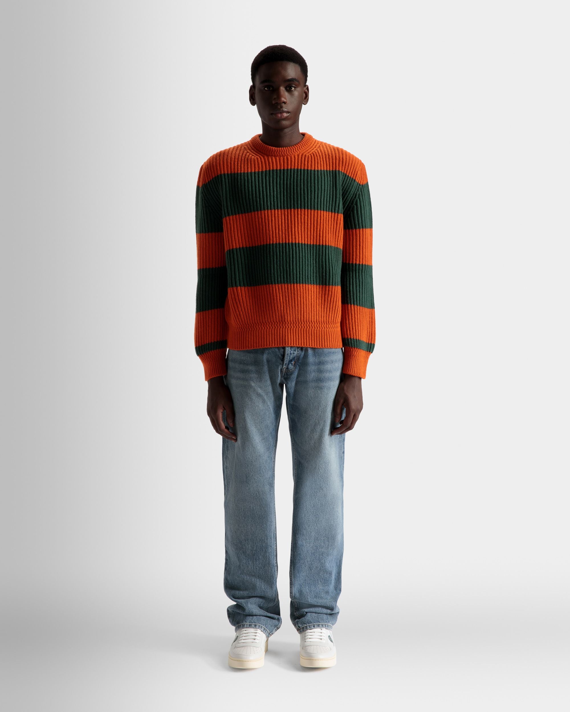 Striped Crew Neck Sweater In Orange And Kelly Green Wool - Men's - Bally - 02