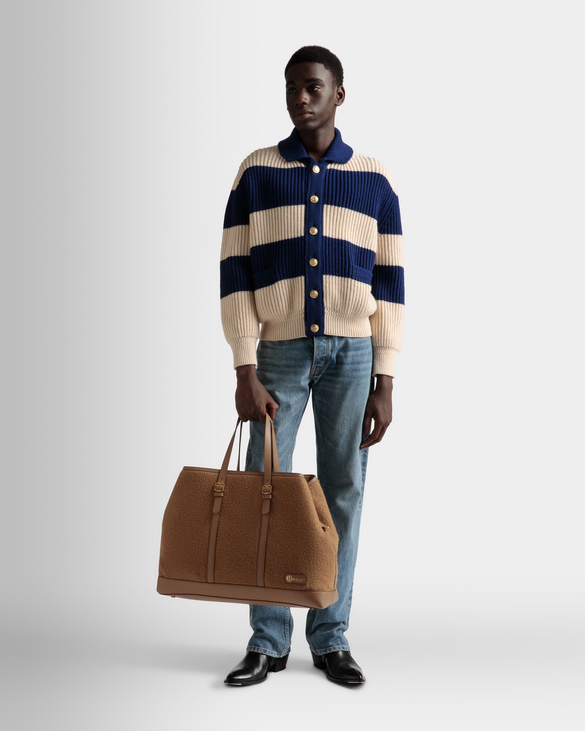 Striped Cardigan In Bone And Marine Wool - Men's - Bally - 02