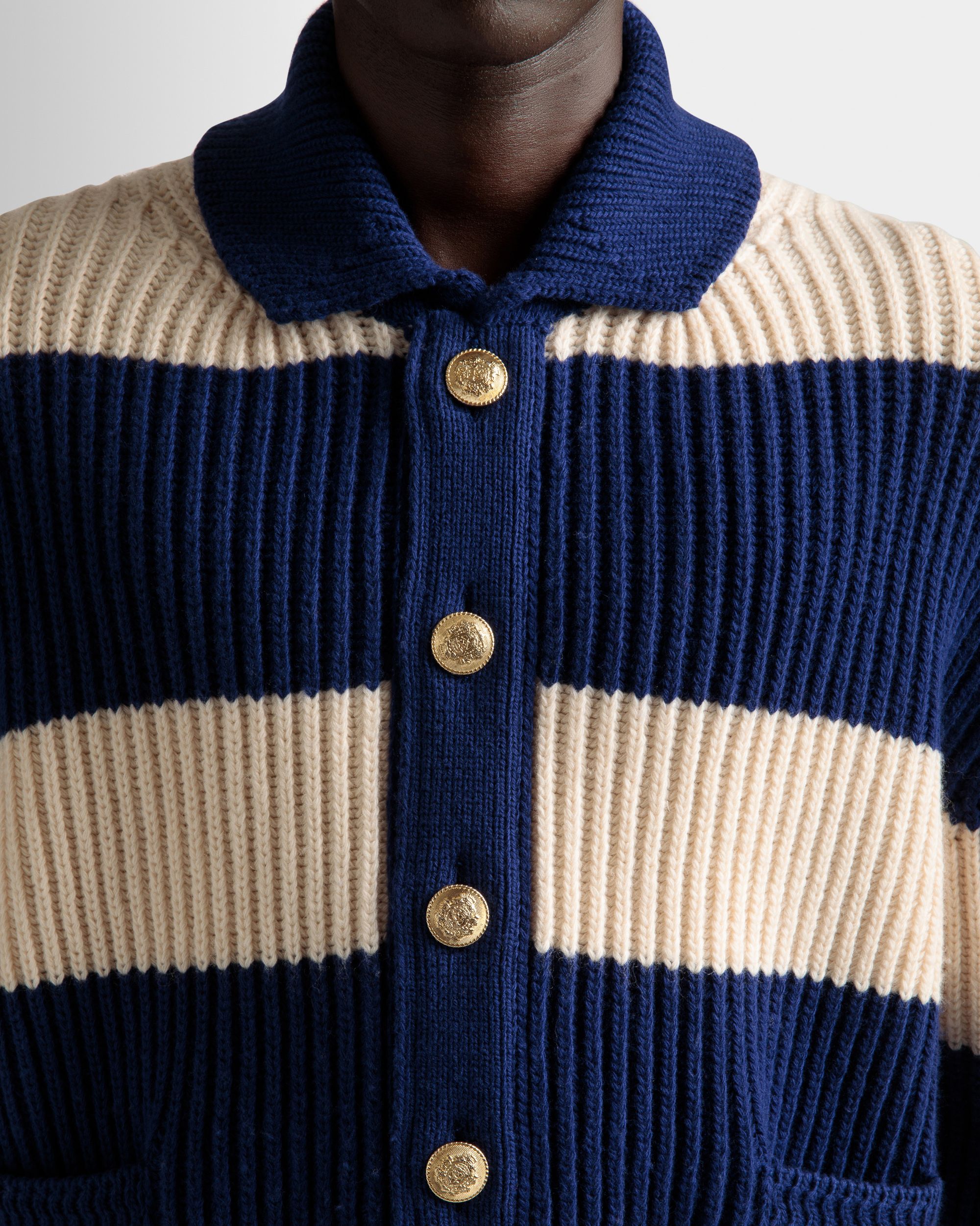 Striped Cardigan In Bone And Marine Wool - Men's - Bally - 04