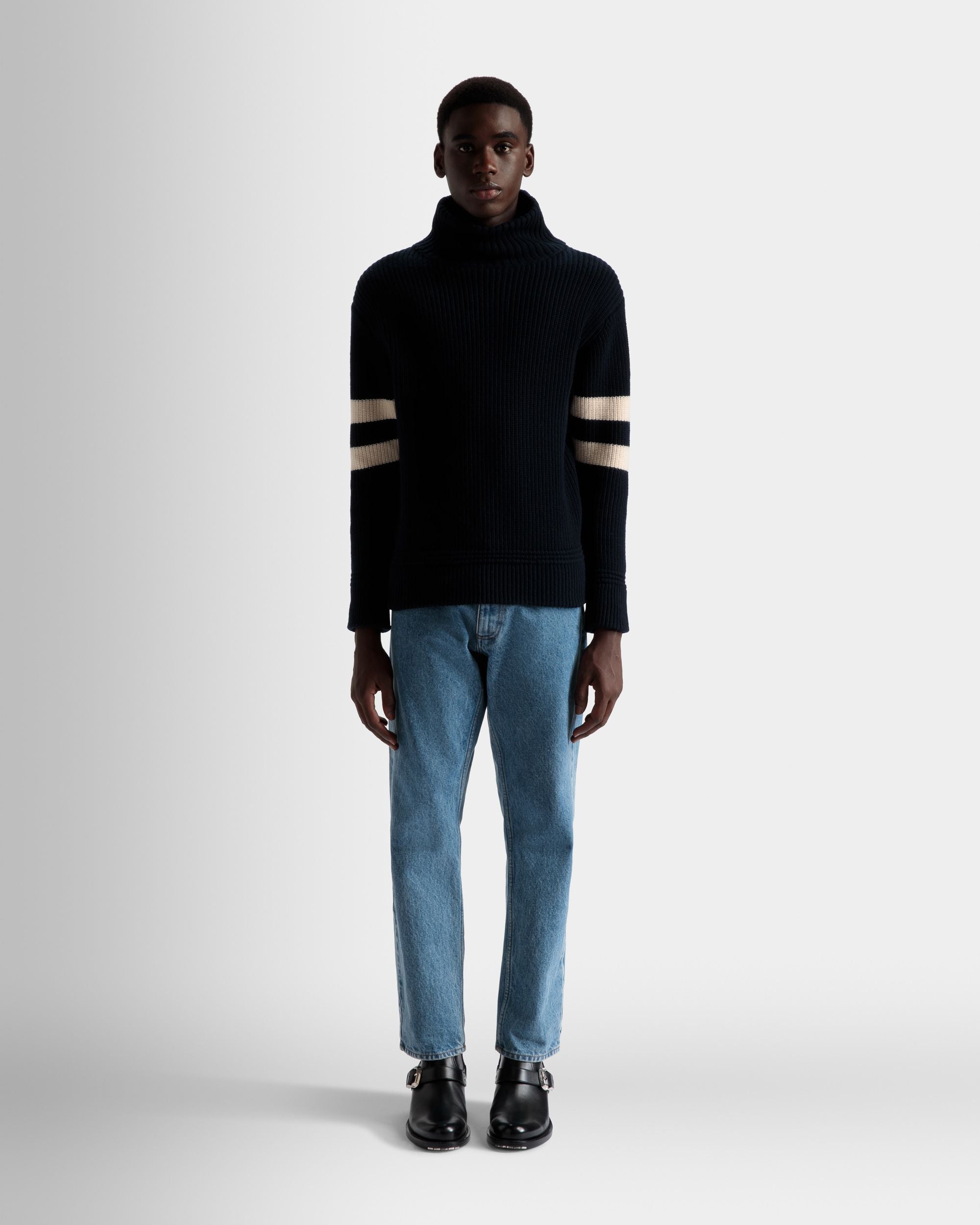 Roll Neck Sweater In Bone and Ink Wool - Men's - Bally - 02