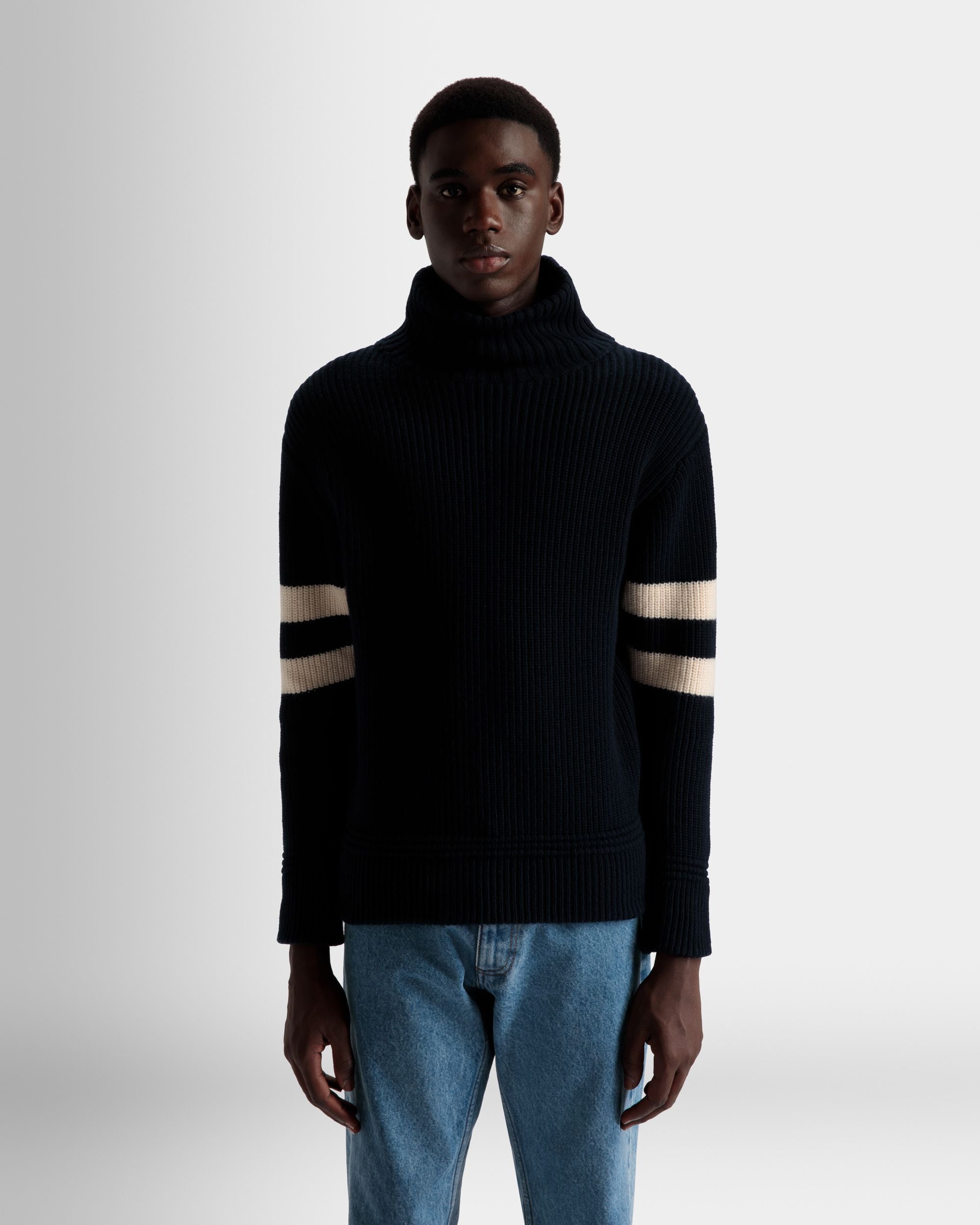 Roll Neck Sweater In Bone and Ink Wool - Men's - Bally - 03