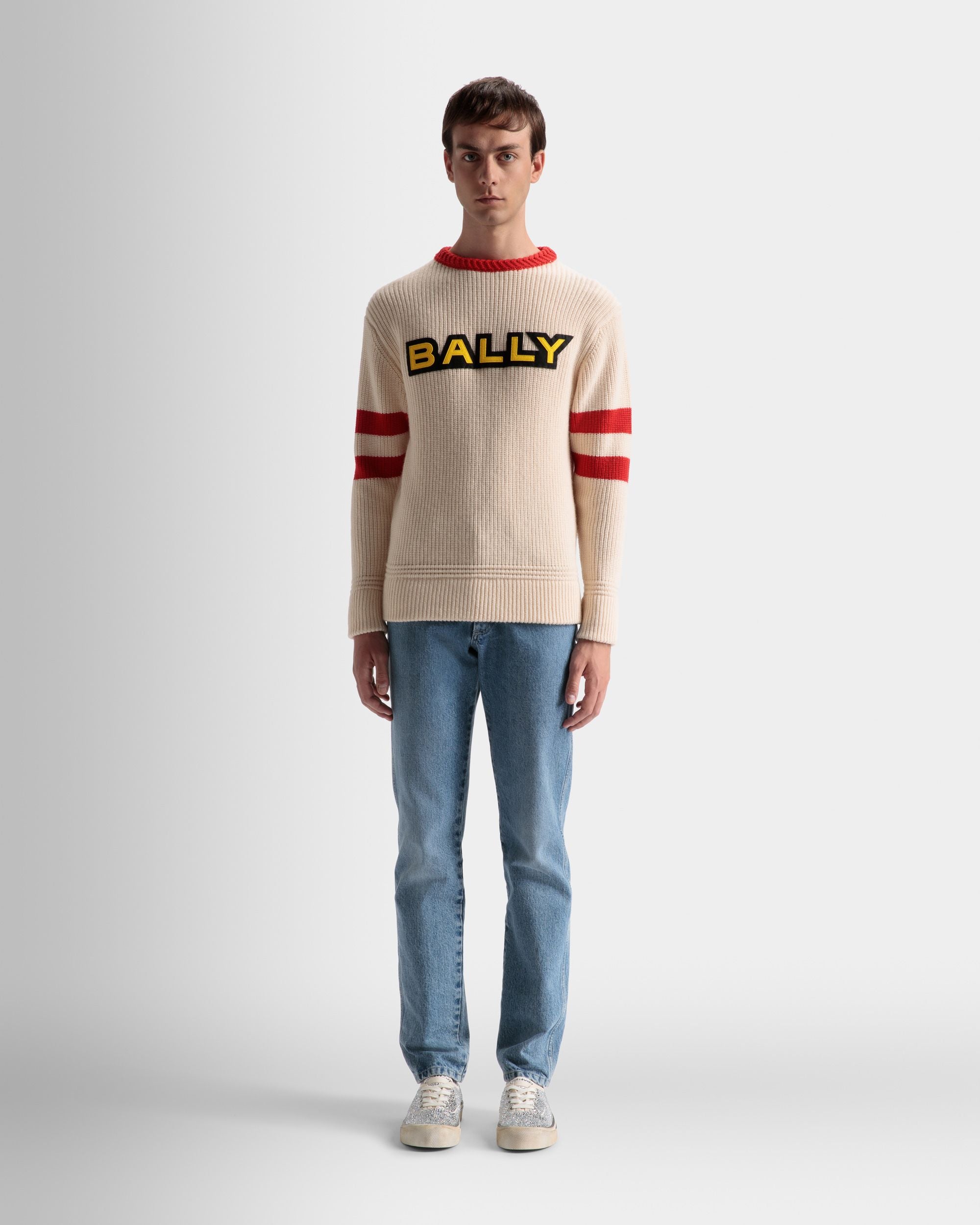 Crew Neck Sweater In Bone and Red Wool - Men's - Bally - 02