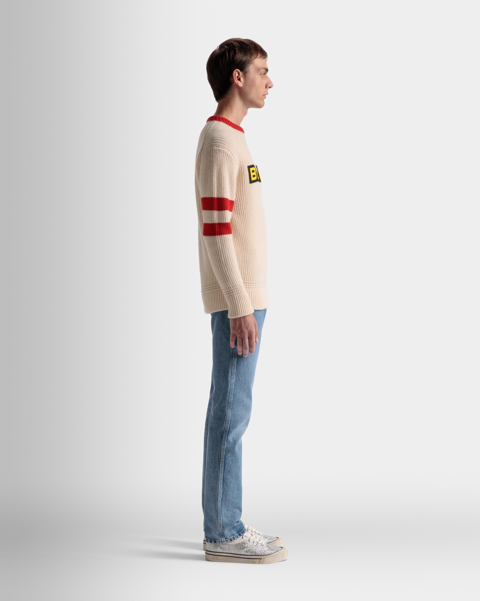 Crew Neck Sweater In Bone and Red Wool - Men's - Bally - 05