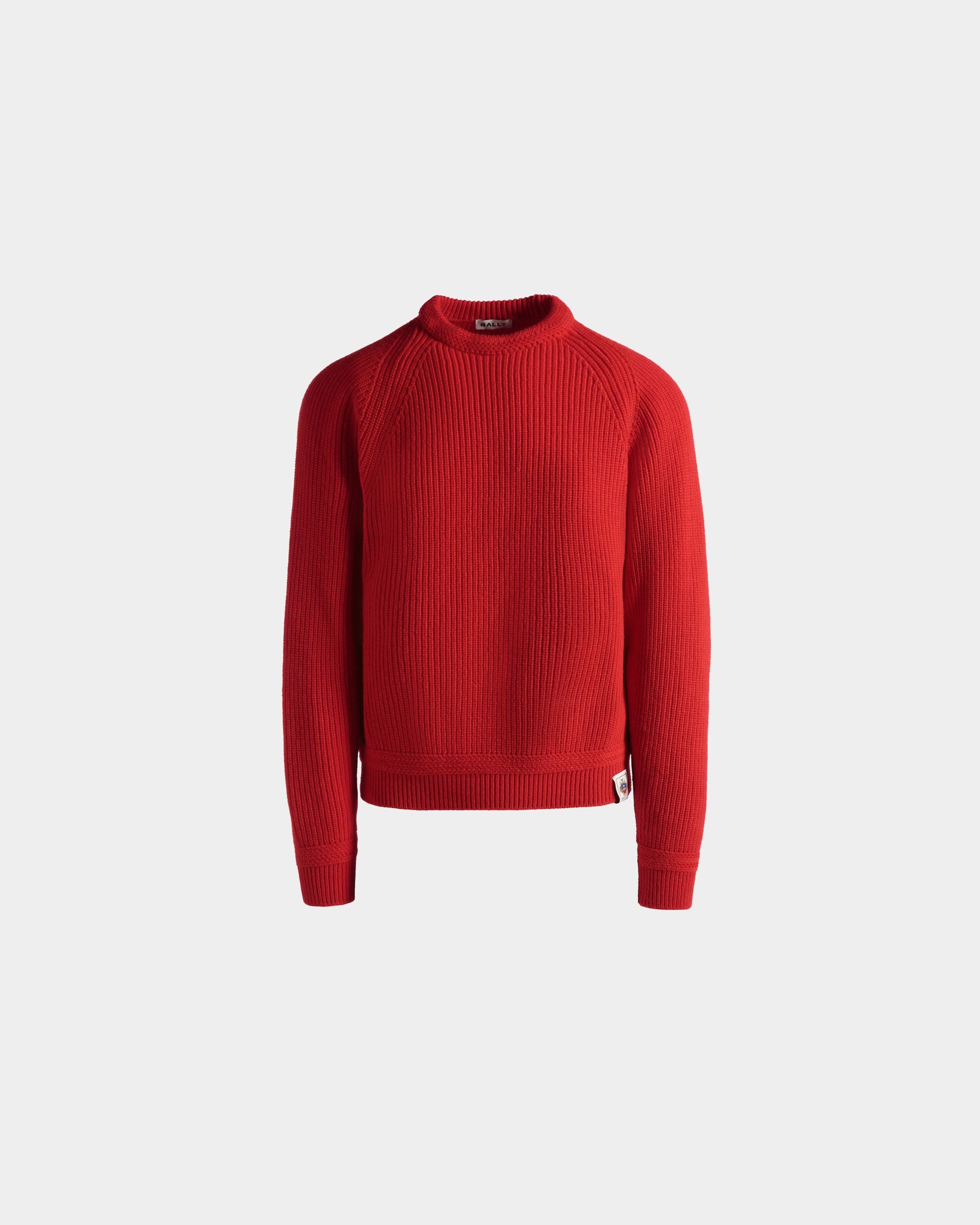 Men s Crewneck Sweater With Bally Crest Logo In Candy Red Wool Bally