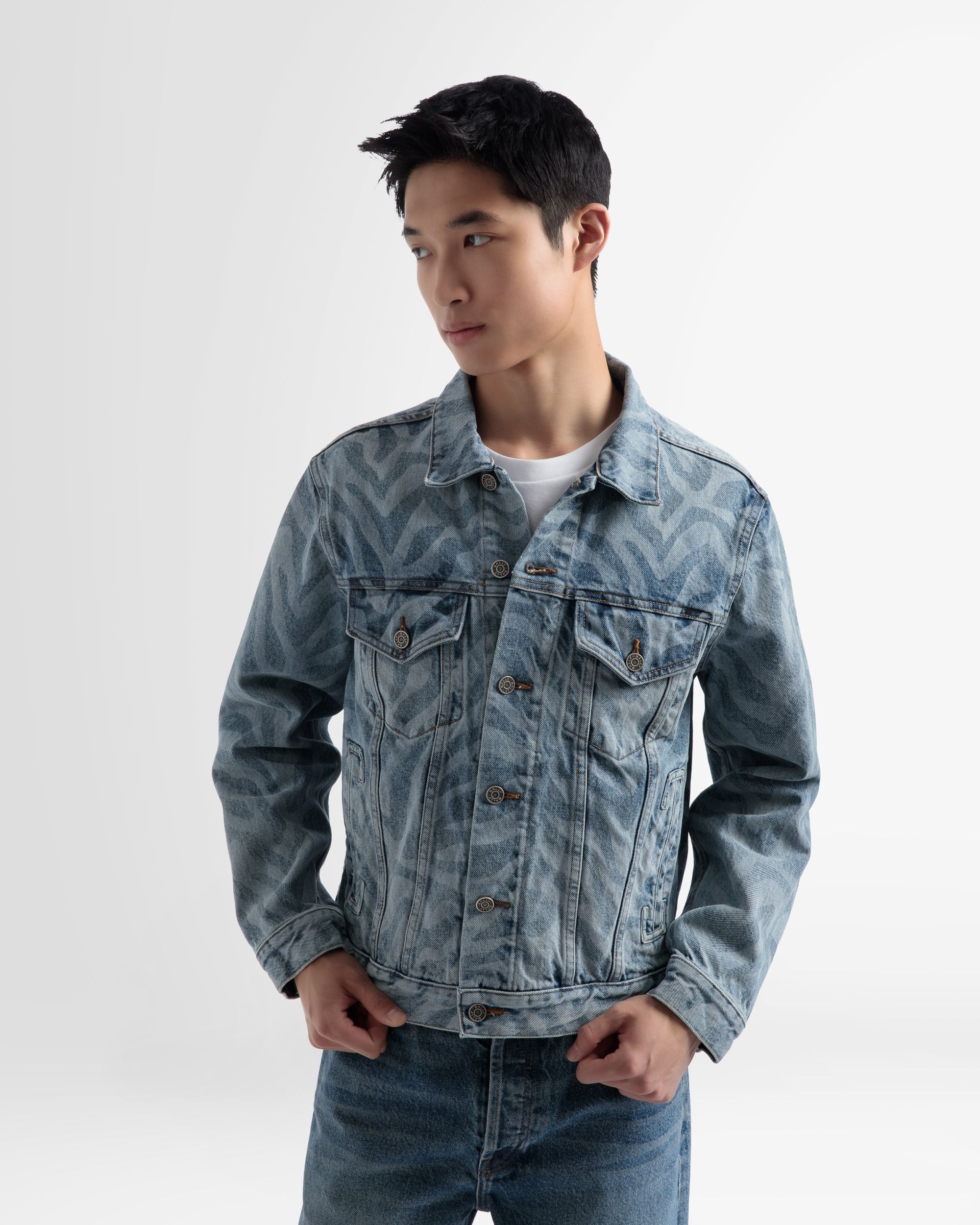Zebra Print Denim Jacket In Blue - Men's - Bally - 03