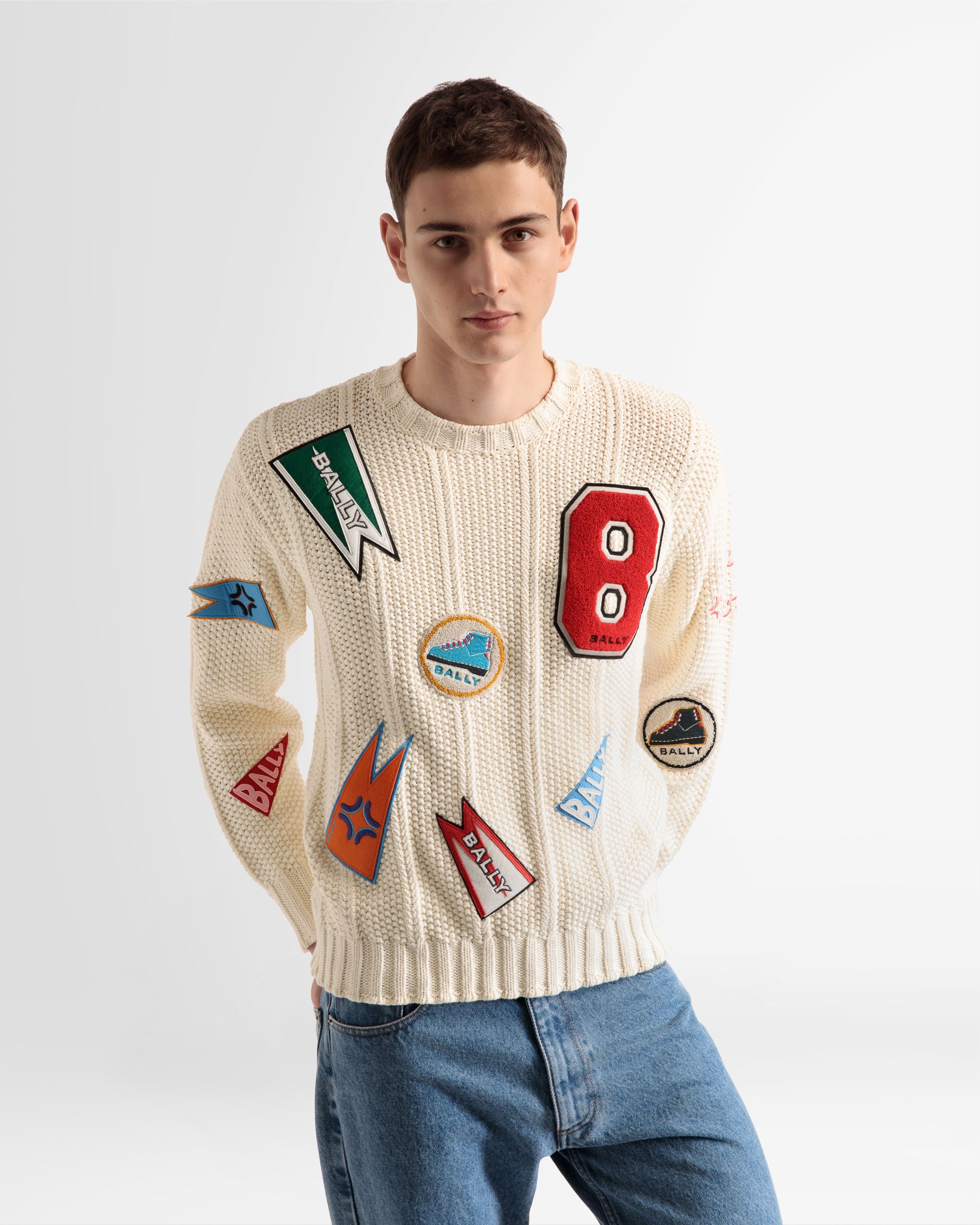 Peak Outlook Crew Neck Sweater In Bone Cotton - Men's - Bally - 05