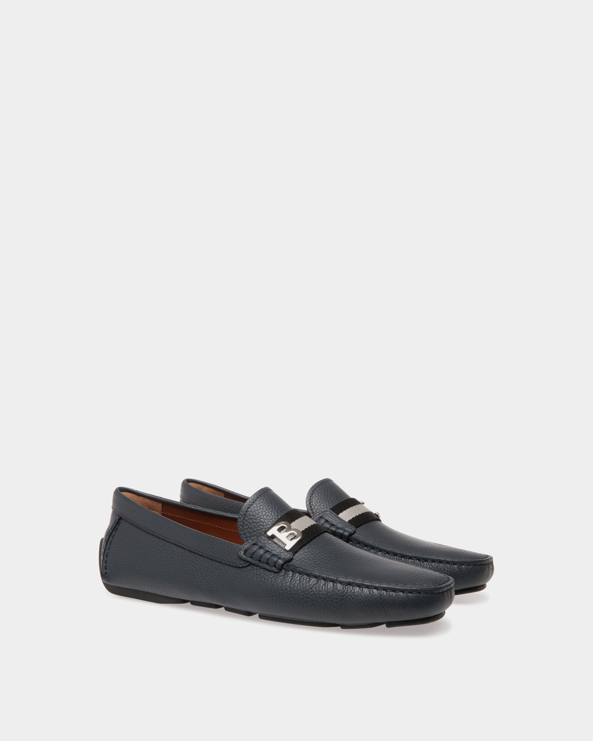 Driver in Blue Grained Leather - Men's - Bally - 02