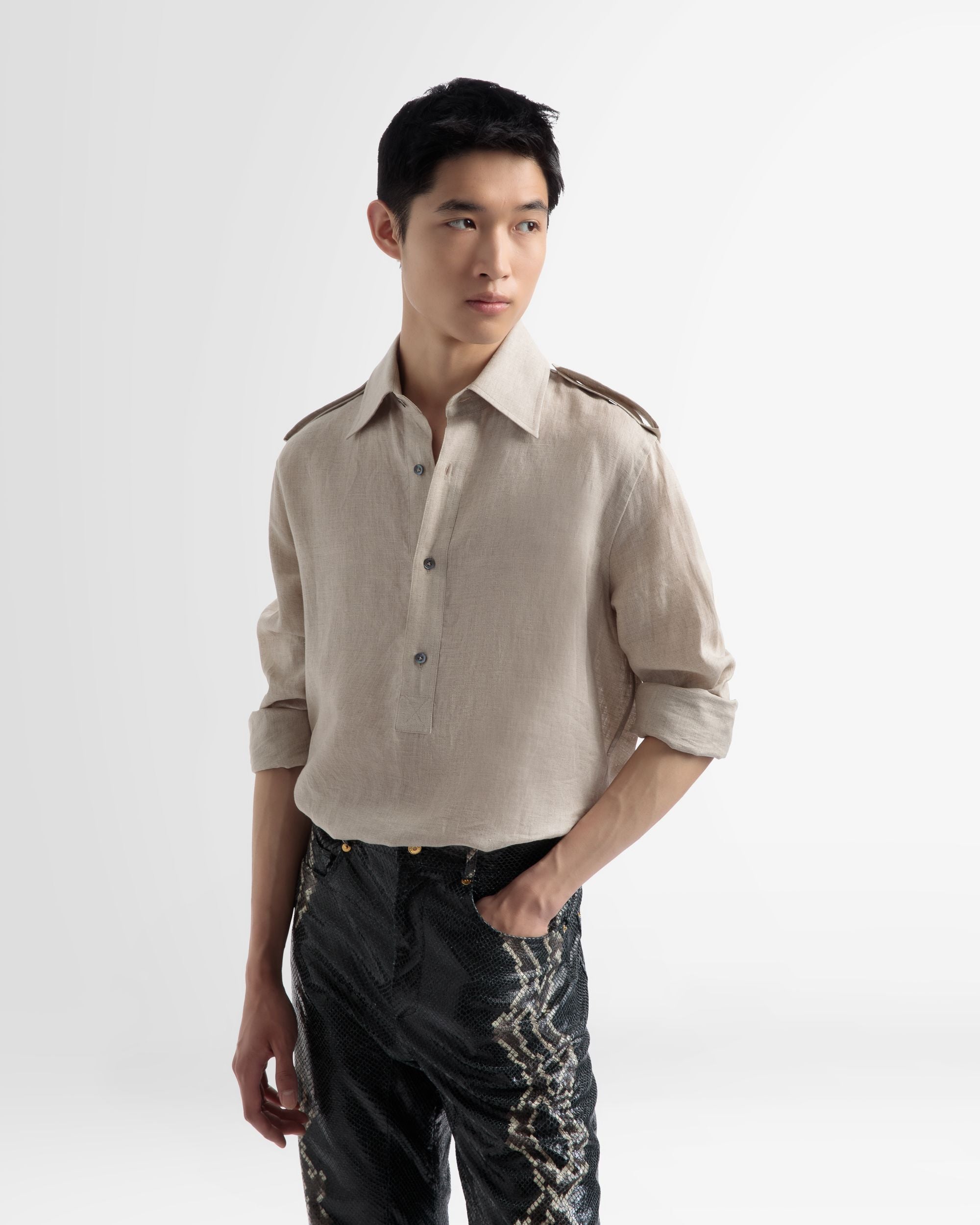 Half Button Shirt In Beige Linen - Men's - Bally - 02