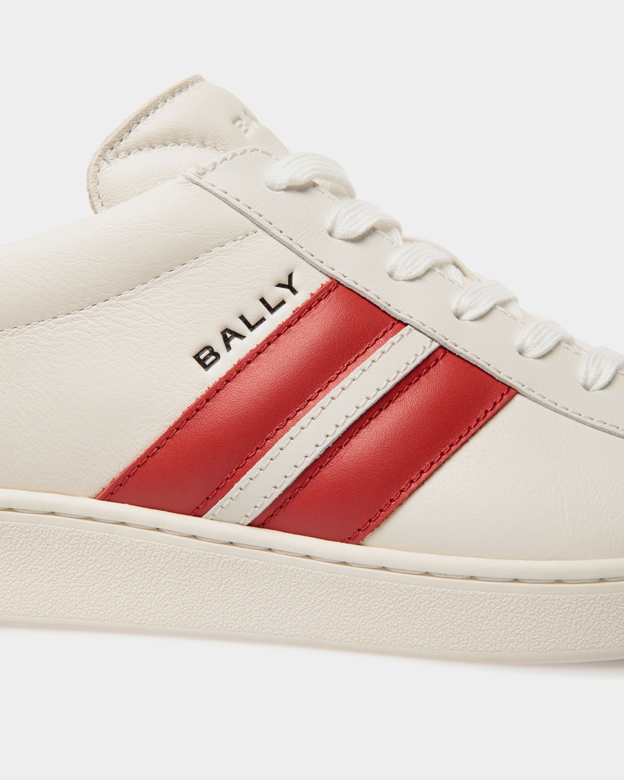 Men s Tennis Sneaker in White and Candy Red Leather Bally