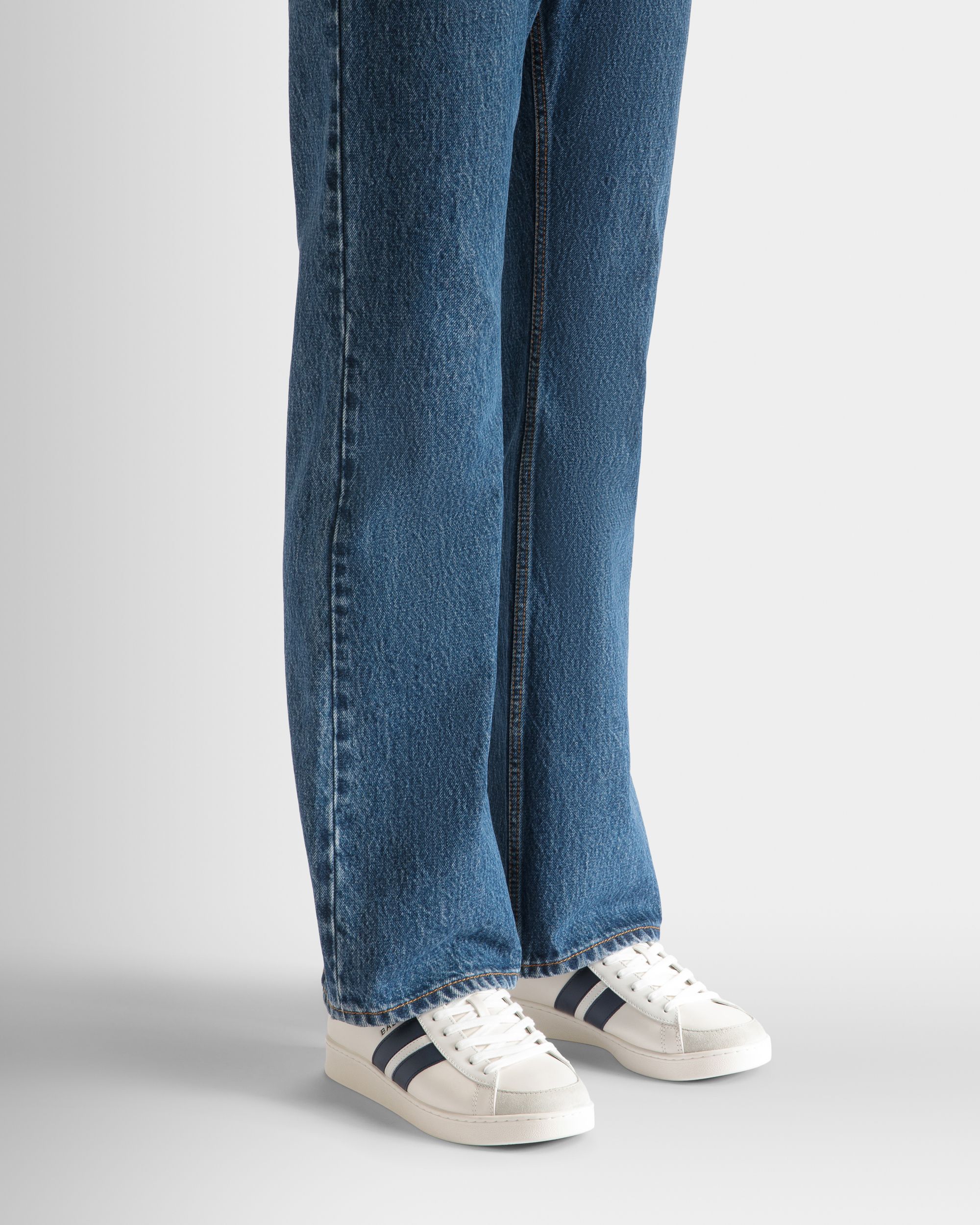 Men s Tennis Sneaker in White and Navy Blue Leather Bally
