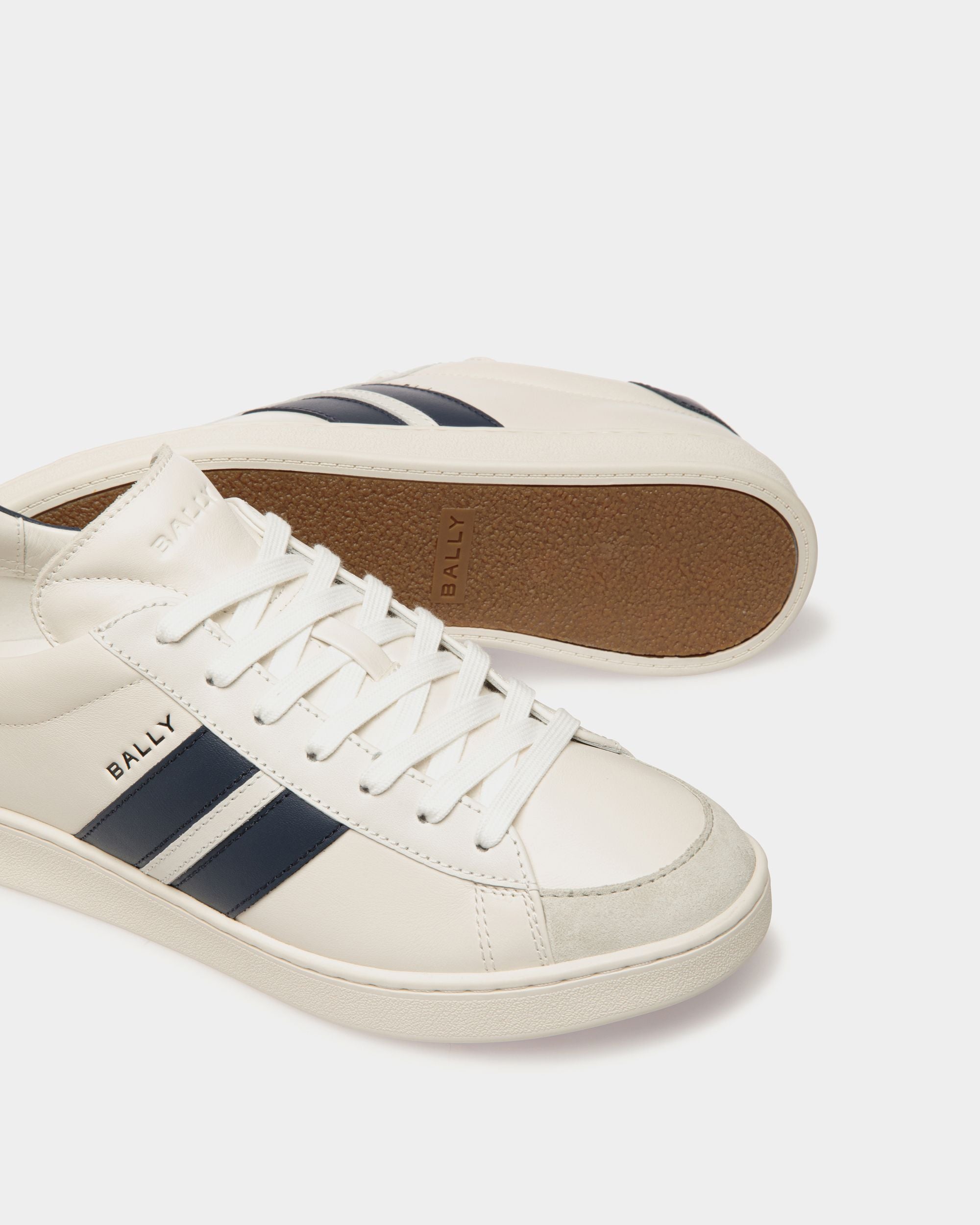 Men s Tennis Sneaker in White and Navy Blue Leather Bally