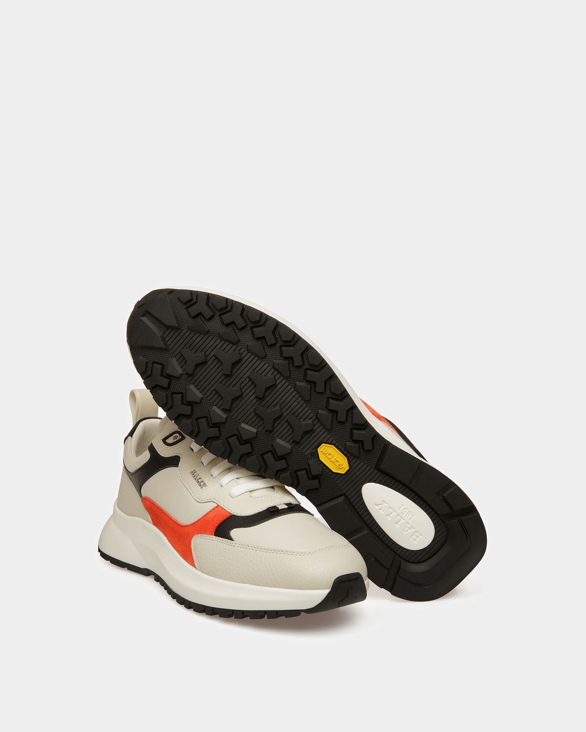 Dave Leather And Fabric Sneakers In Dusty White And Orange - Men's - Bally - 04