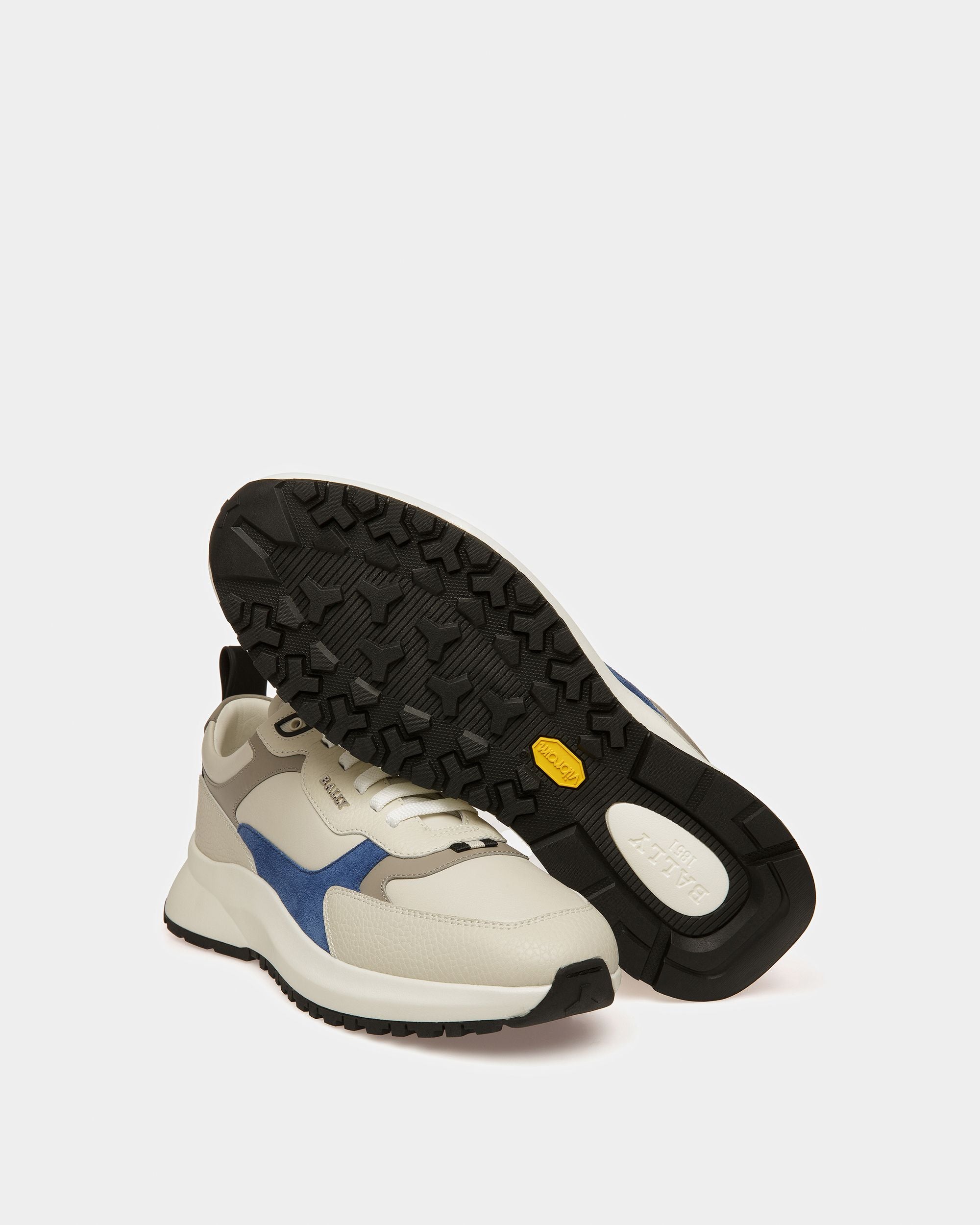 Dave Leather And Fabric Sneakers In Dusty White And Blue Neon - Men's - Bally - 04