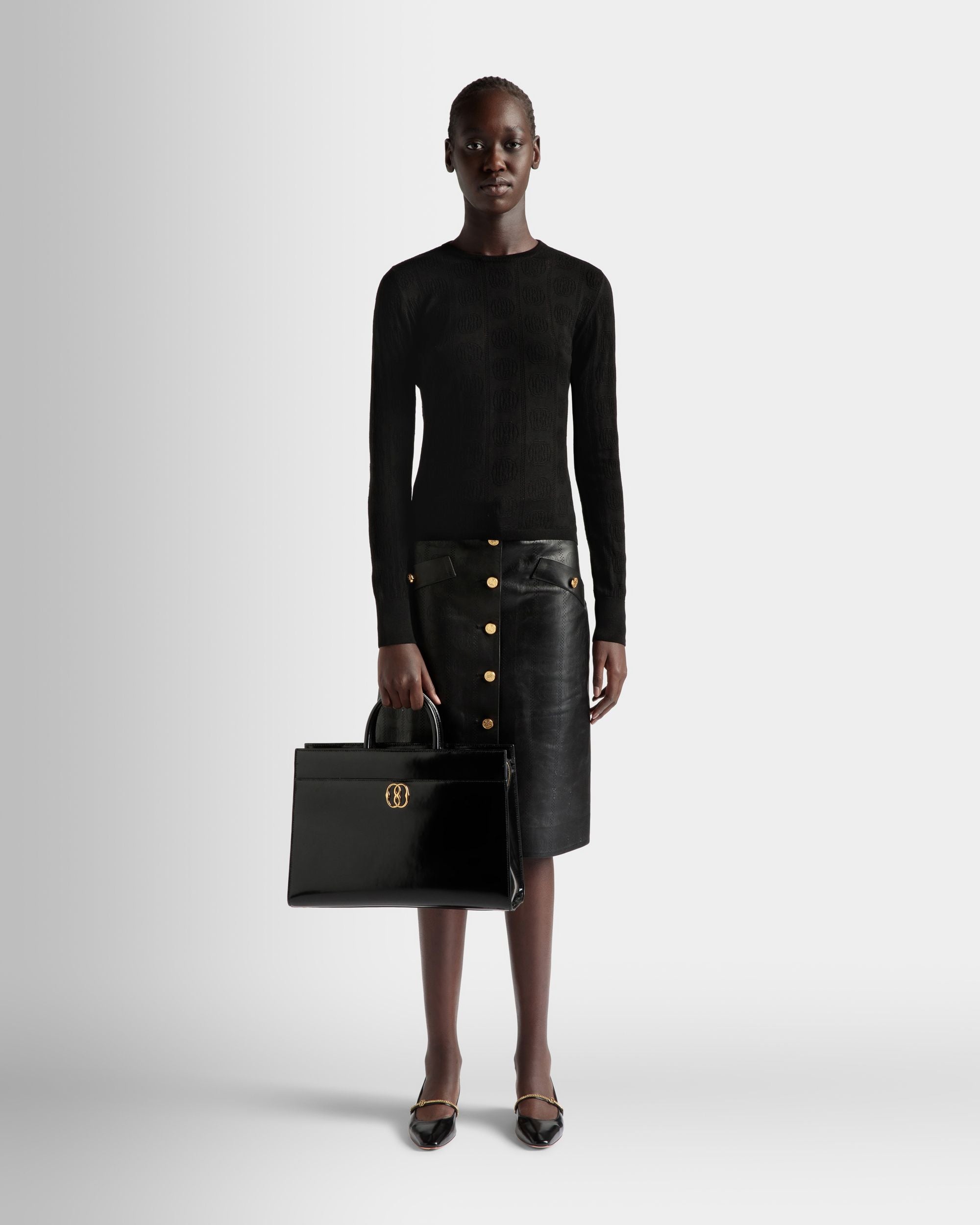 Emblem Tote Bag In Black Brushed Leather - Women's - Bally - 02