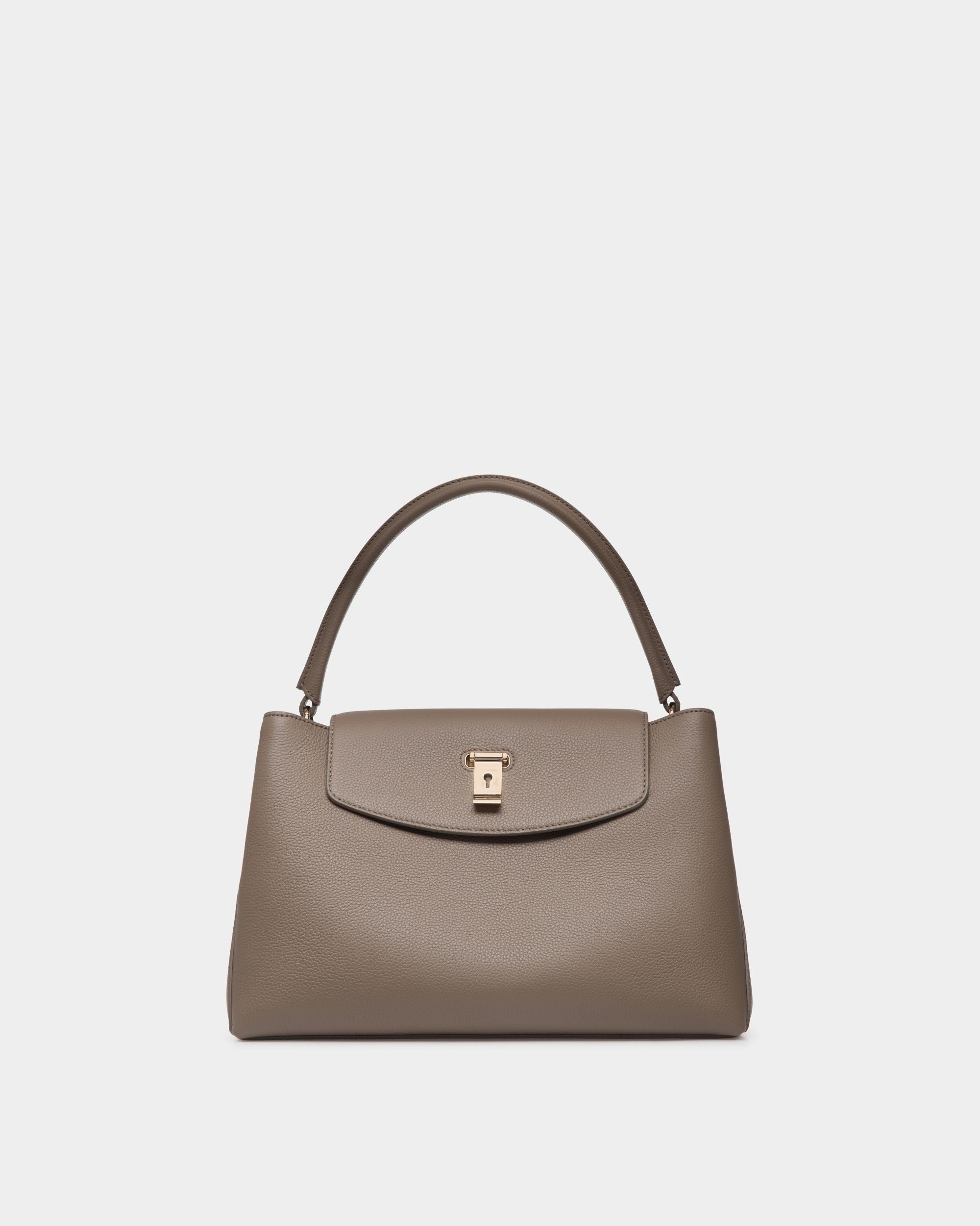 Lock Me Top Handle Bag In Taupe Grained Leather - Women's - Bally - 01