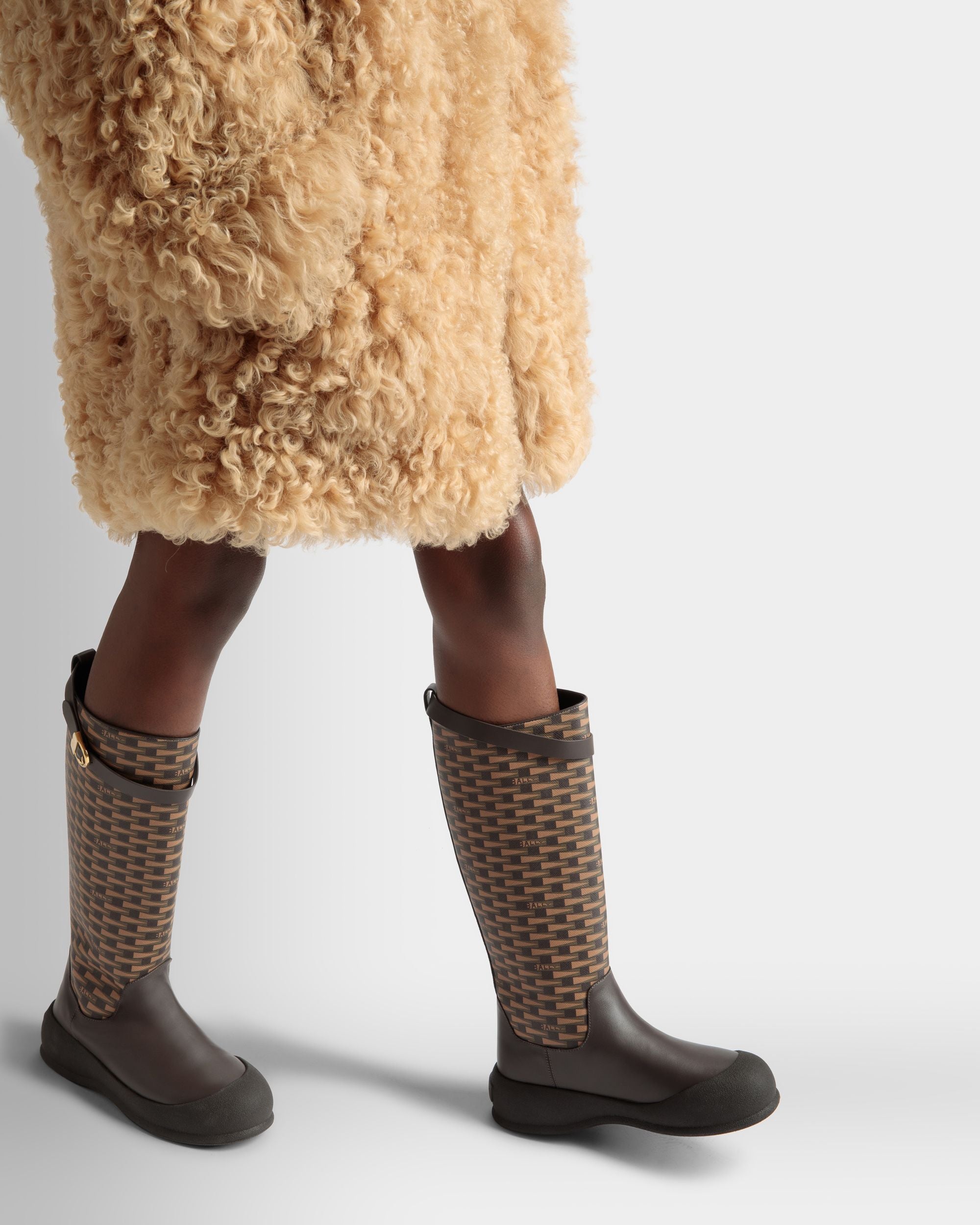 Frei Long Boots In Brown Leather And Mixed Cotton - Women's - Bally - 02
