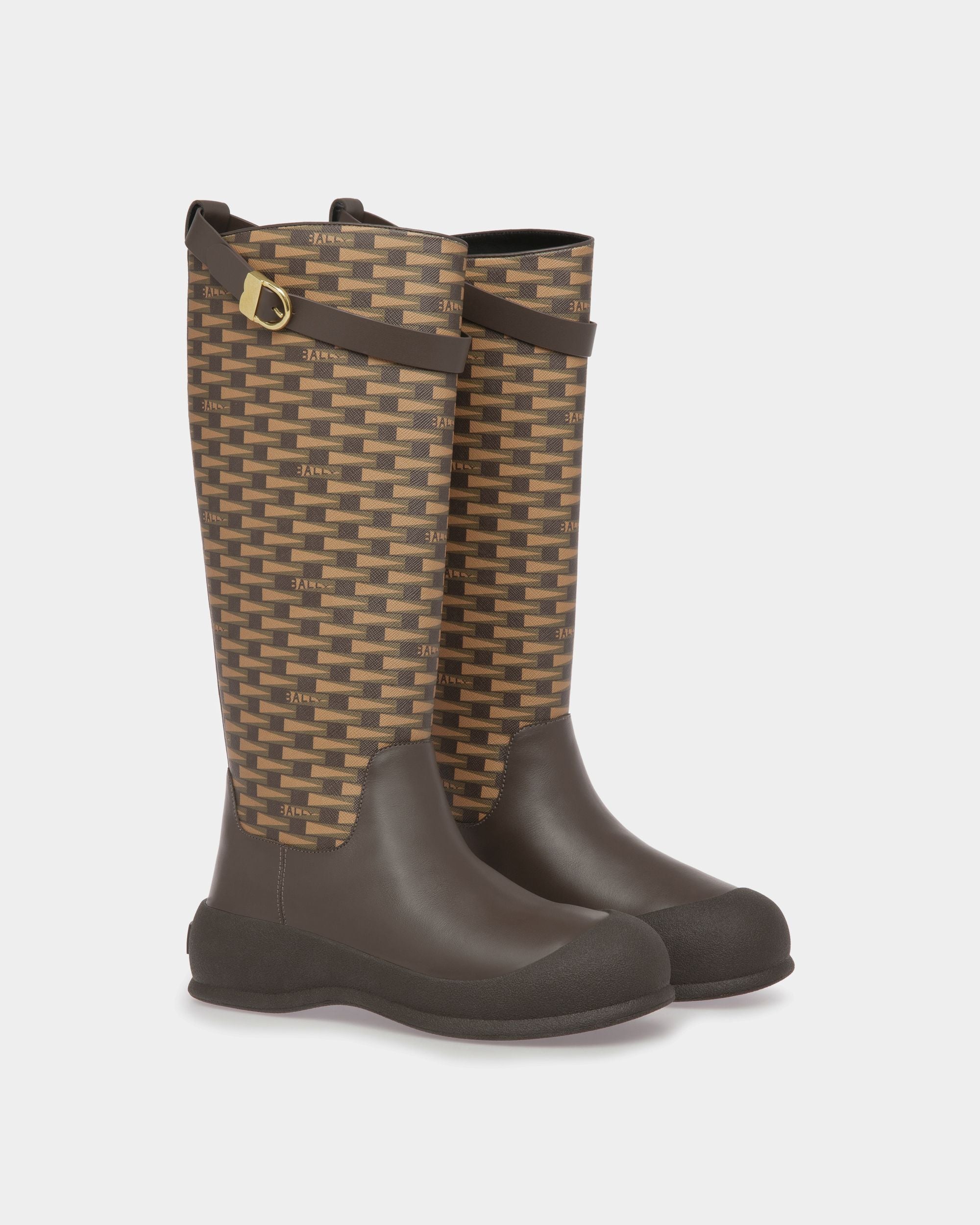 Frei Long Boots In Brown Leather And Mixed Cotton - Women's - Bally - 03