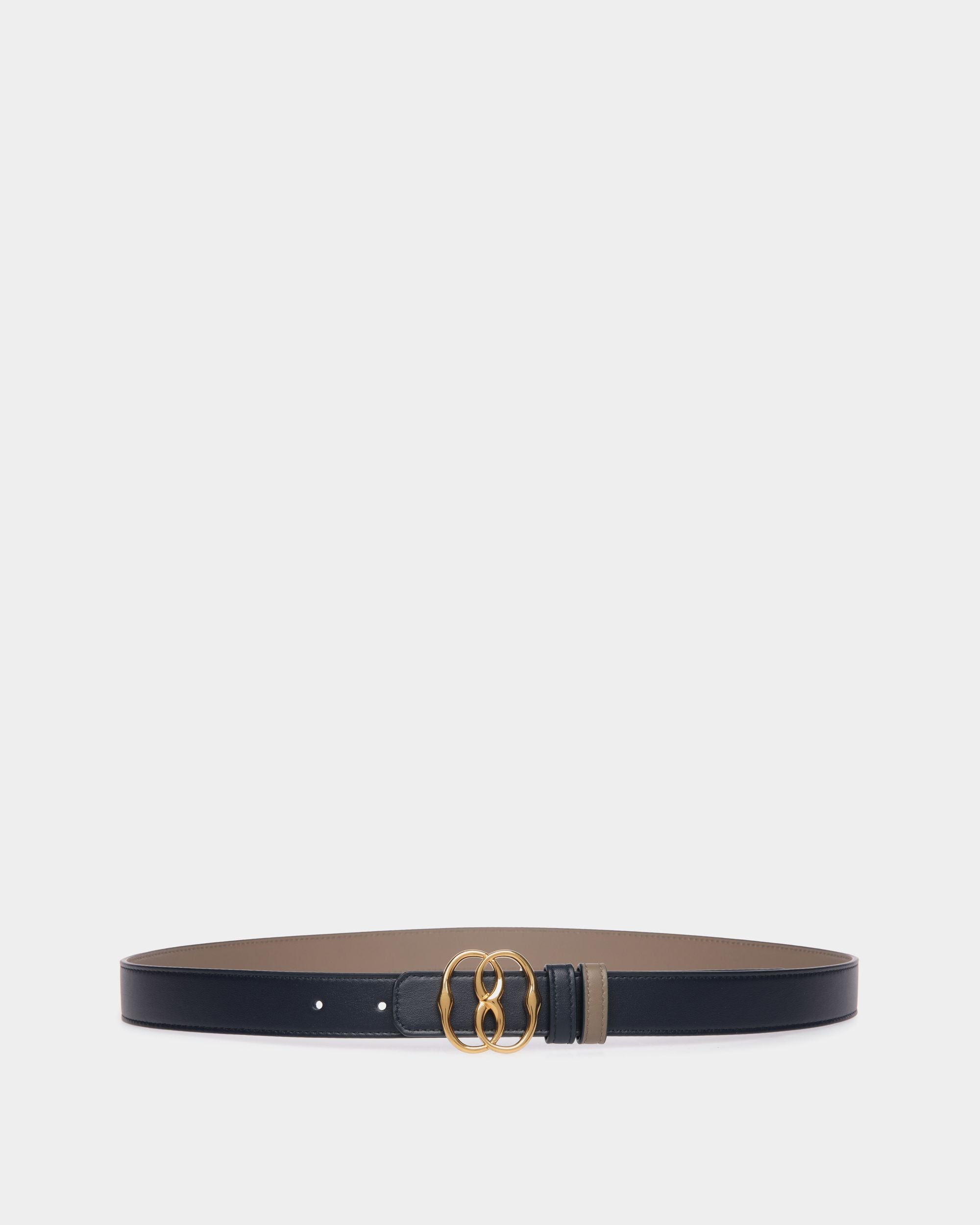 Emblem 25mm Reversible Belt in Navy Blue And Taupe Leather - Women's - Bally - 01