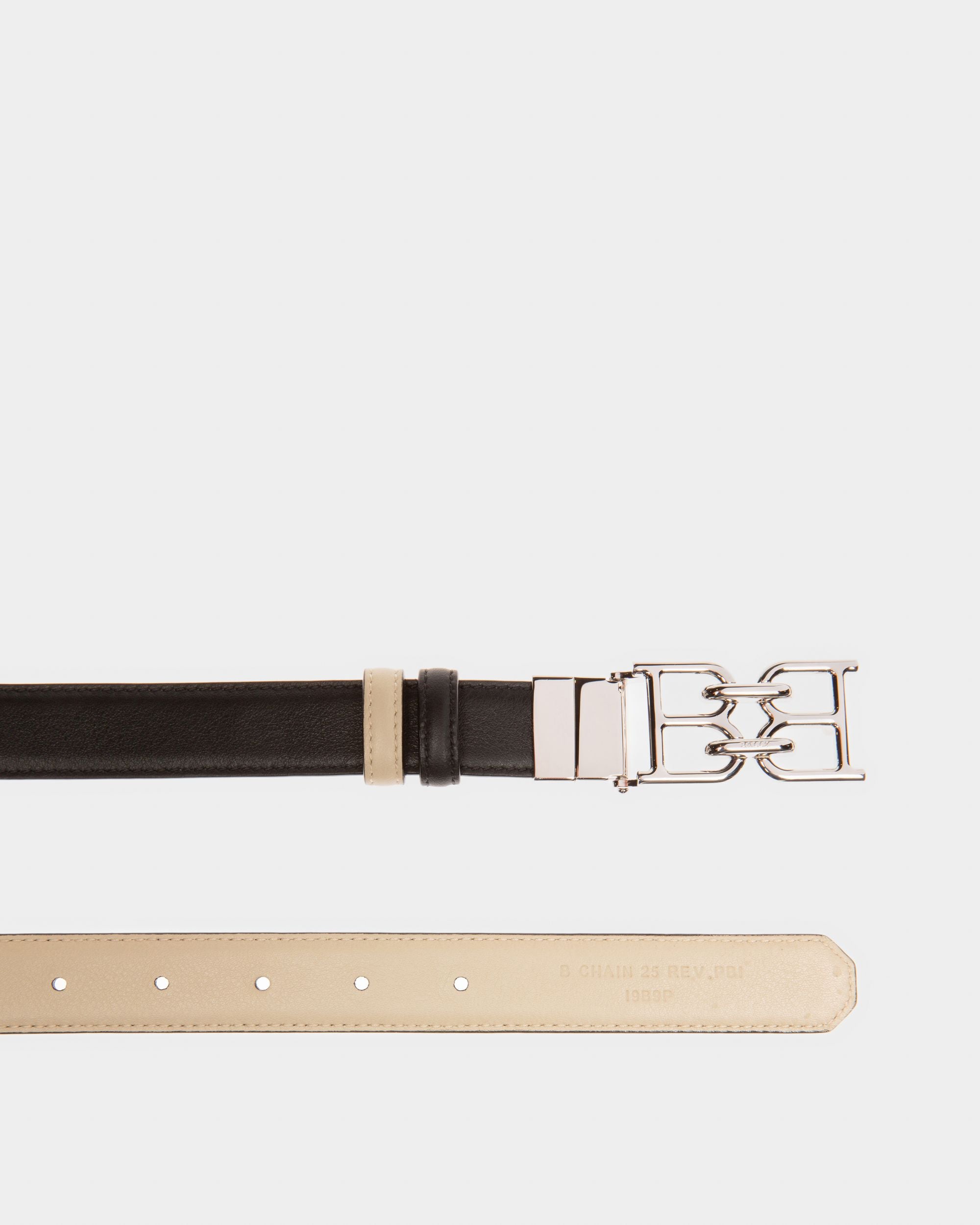B-Chain Leather 25mm Belt In Black And Light Beige - Women's - Bally - 02