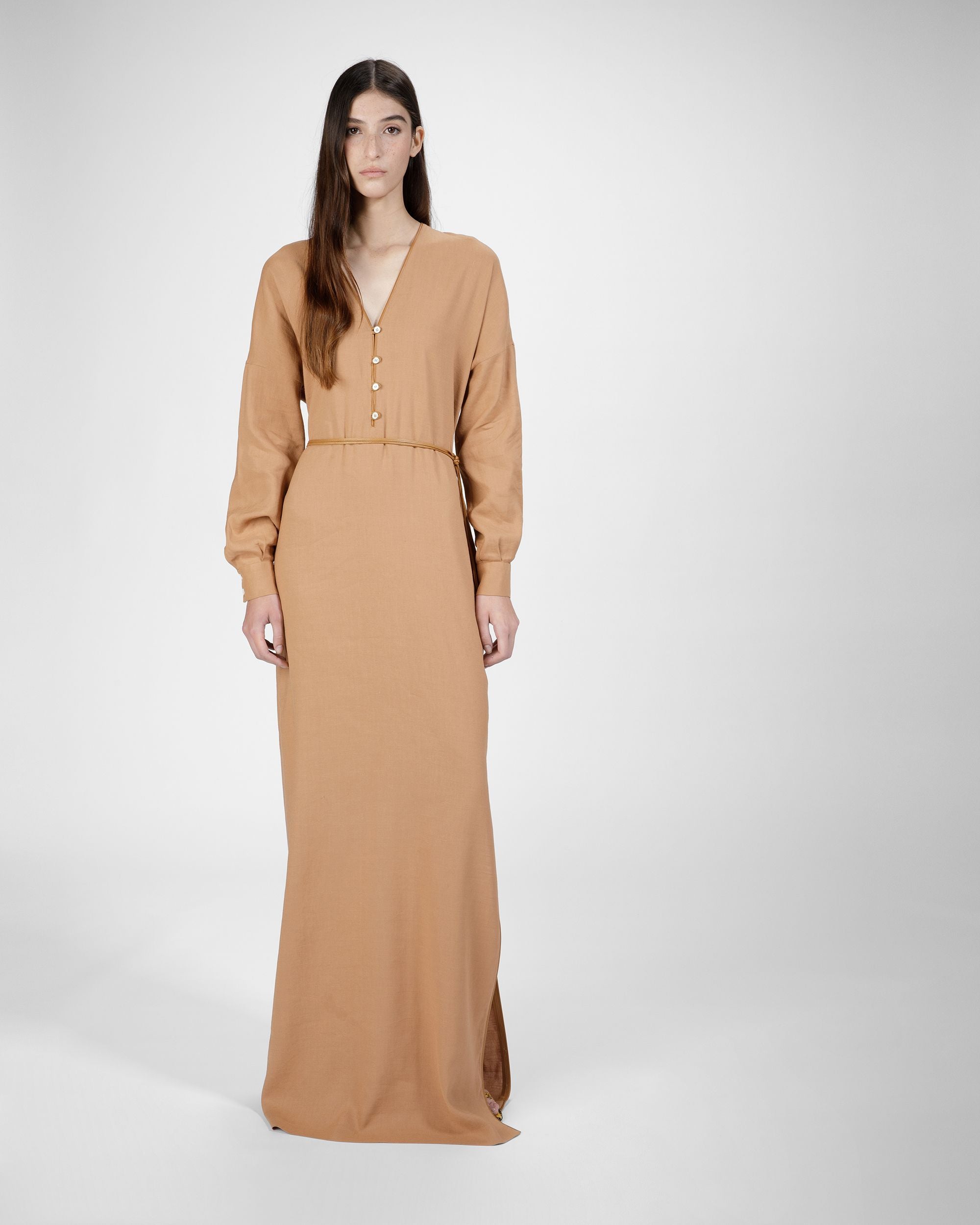 Long Sleeve Linen Maxi Dress In Desert - Women's - Bally - 01