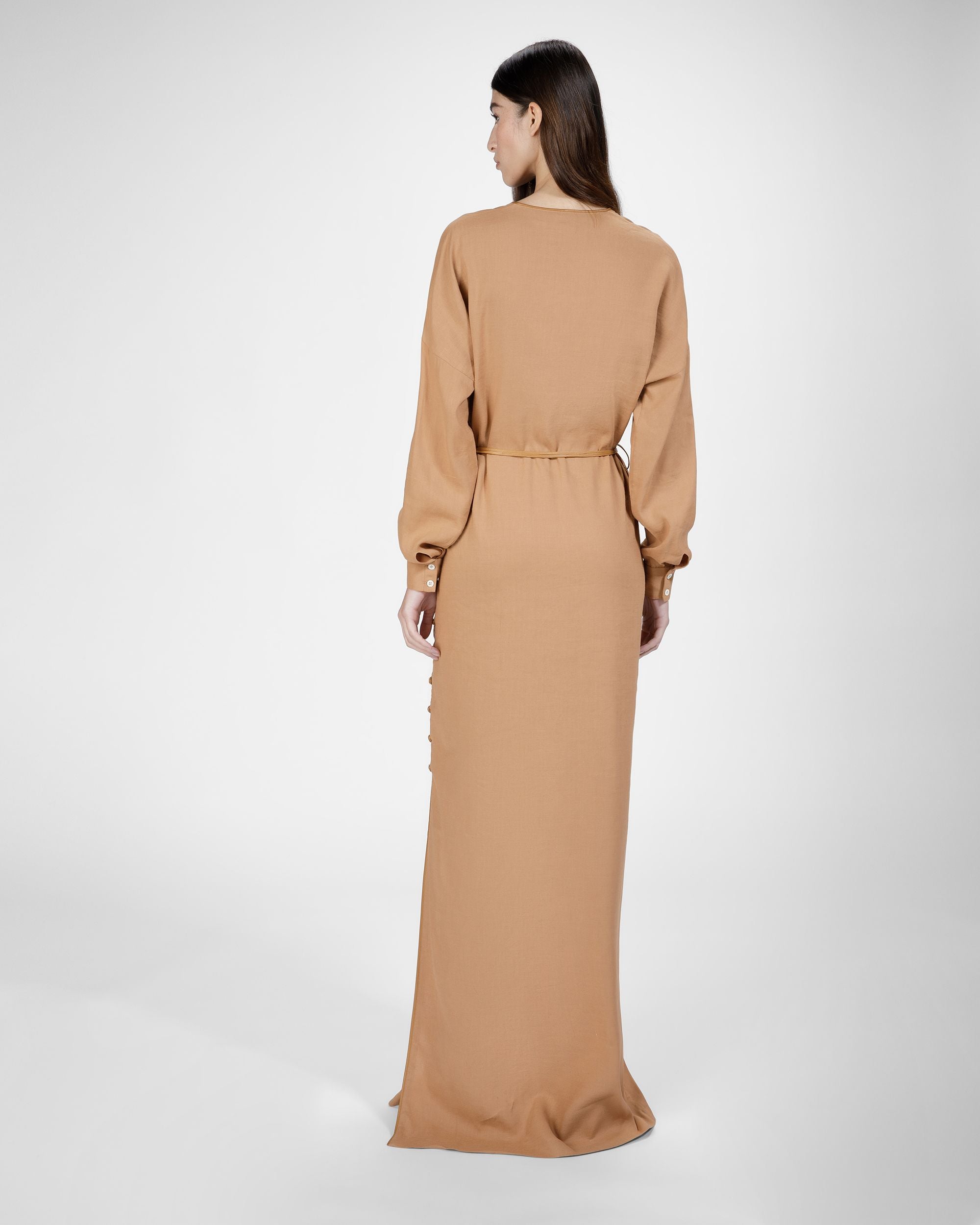 Long Sleeve Linen Maxi Dress In Desert - Women's - Bally - 02