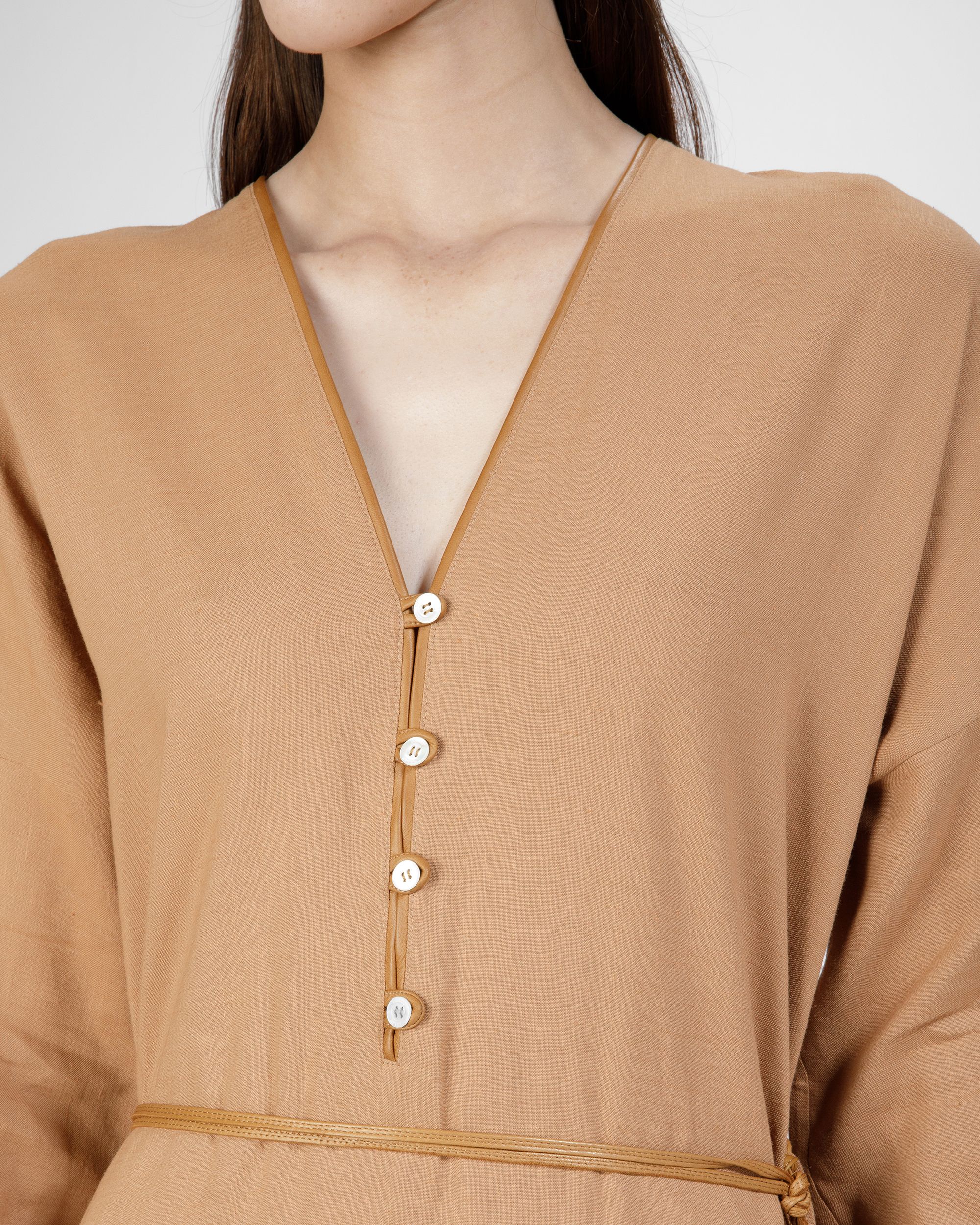 Long Sleeve Linen Maxi Dress In Desert - Women's - Bally - 03