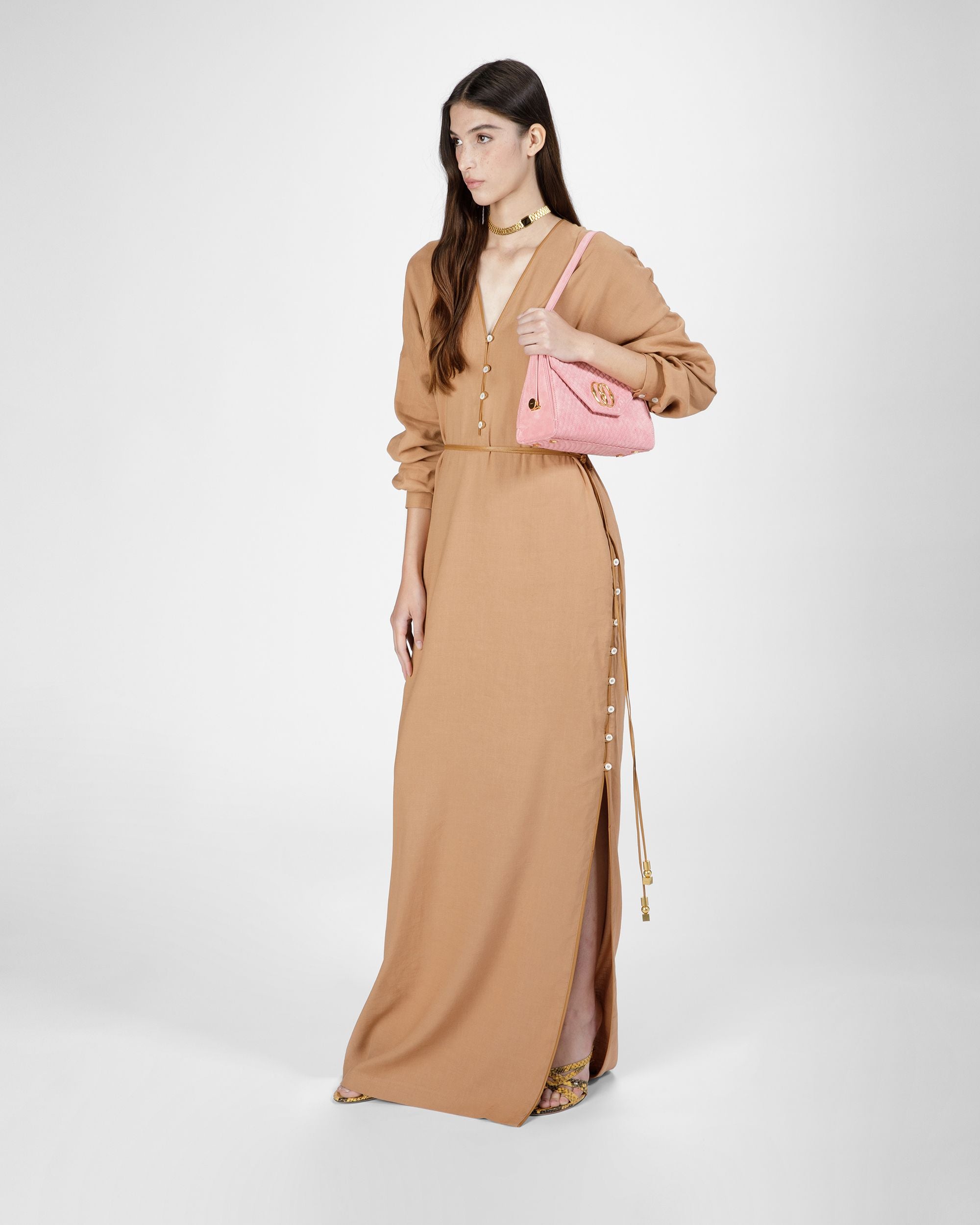 Long Sleeve Linen Maxi Dress In Desert - Women's - Bally - 04