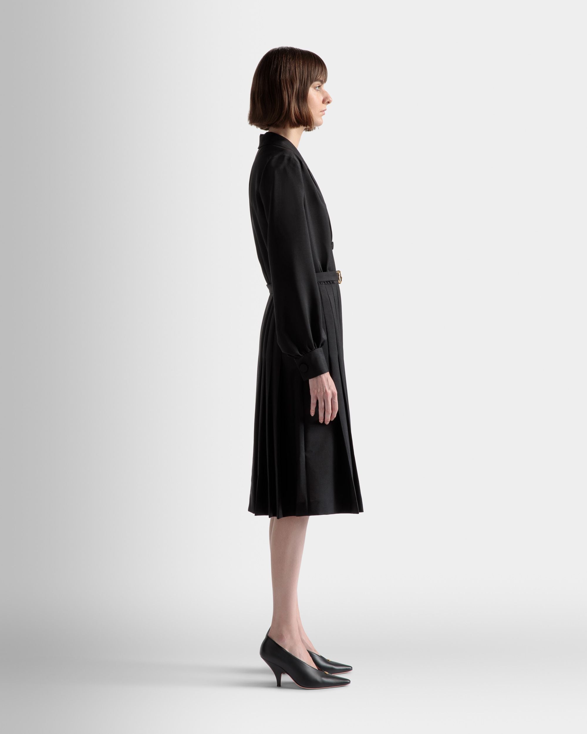 Emblem Belted Dress In Black Mohair Wool Mix - Women's - Bally - 05